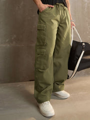 Men Olive Twill Elasticated Waist Wide Leg Pants-MSPANT51115