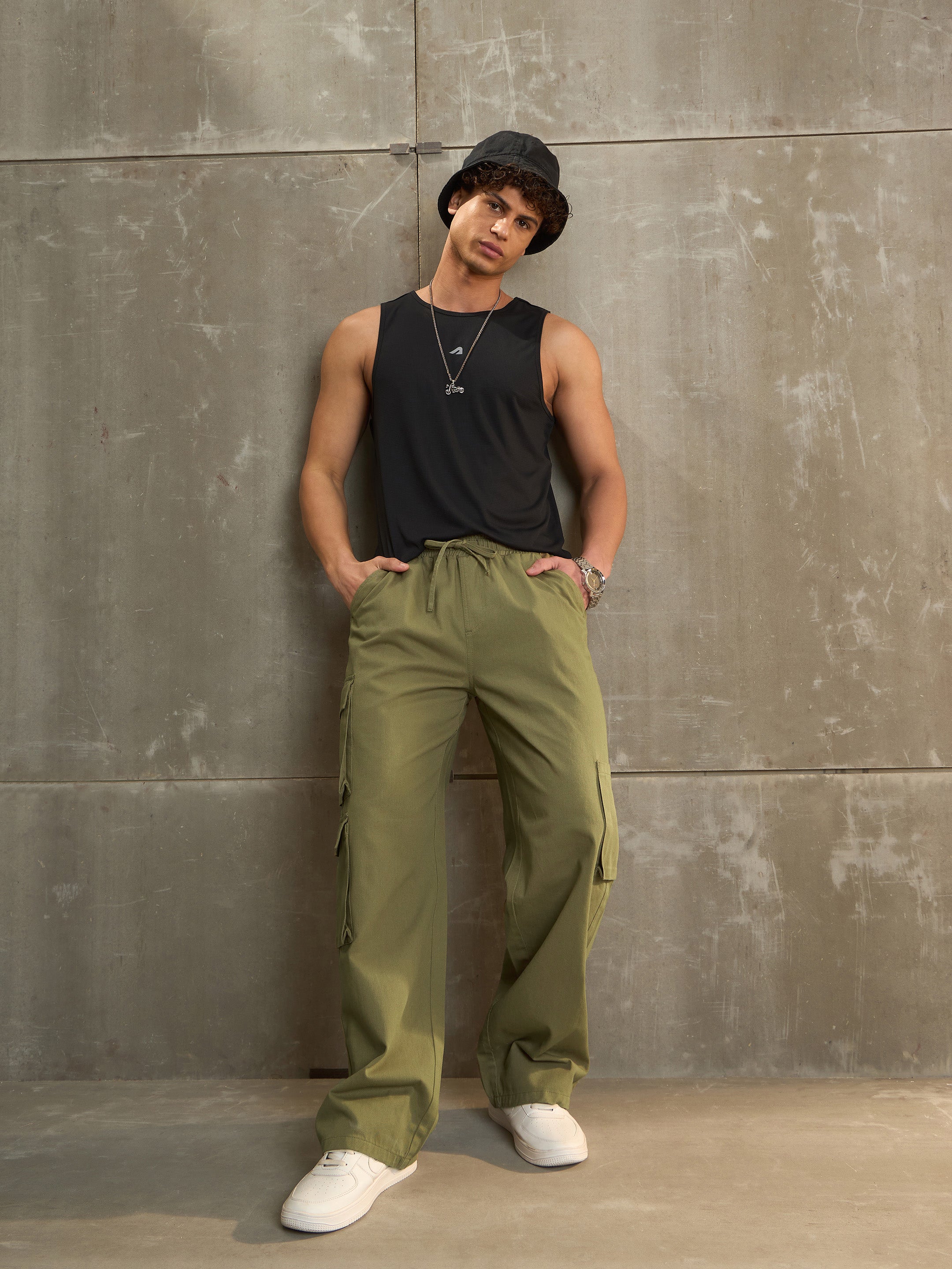 Men Olive Twill Elasticated Waist Wide Leg Pants-MSPANT51115