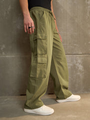 Men Olive Twill Elasticated Waist Wide Leg Pants-MSPANT51115