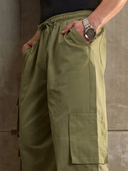 Men Olive Twill Elasticated Waist Wide Leg Pants-MSPANT51115
