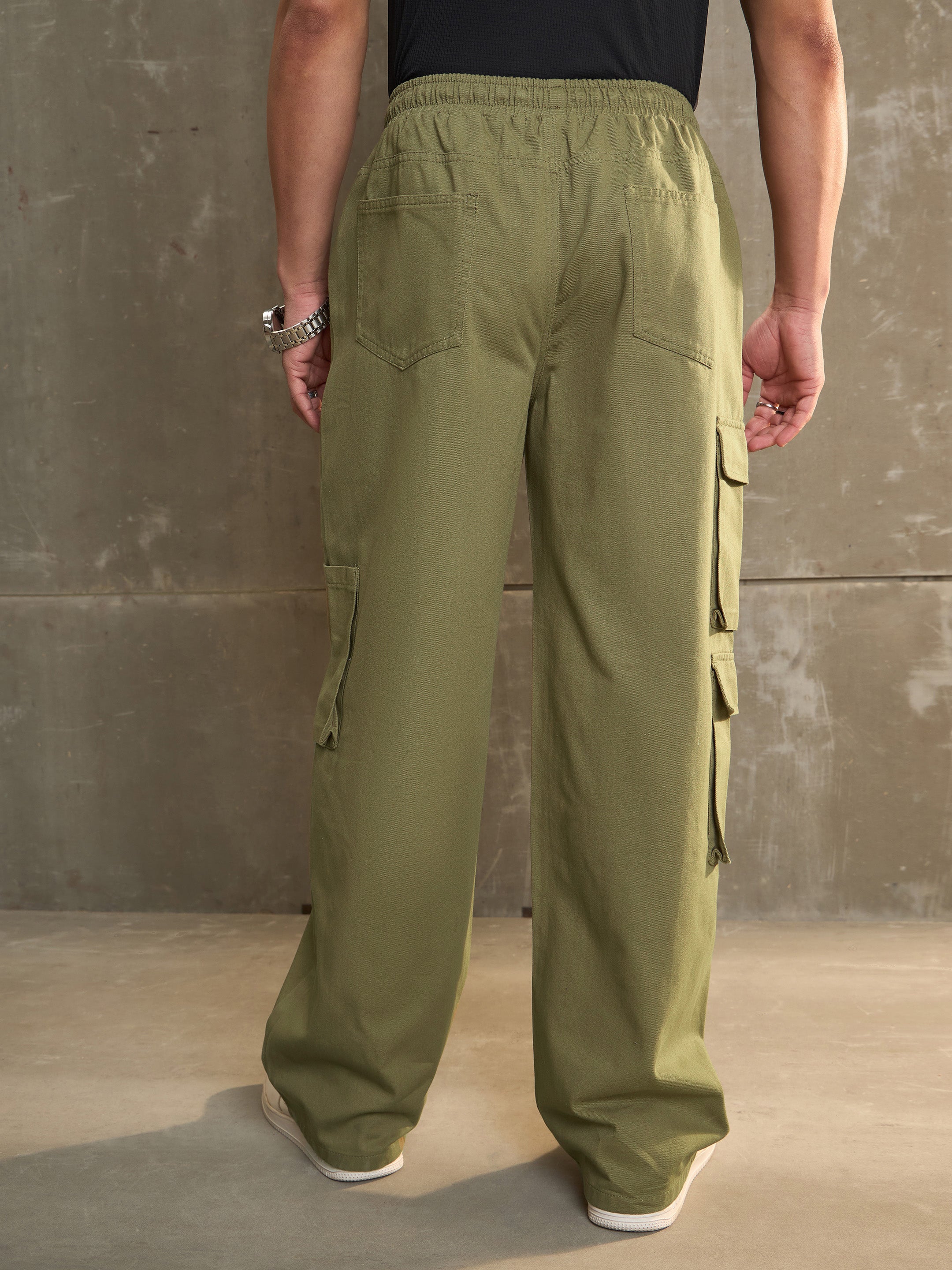 Men Olive Twill Elasticated Waist Wide Leg Pants-MSPANT51115