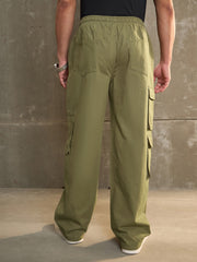 Men Olive Twill Elasticated Waist Wide Leg Pants-MSPANT51115