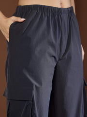 Unisex Dark Grey Side Ruched Baggy Parachute Pants-MSPANT51116