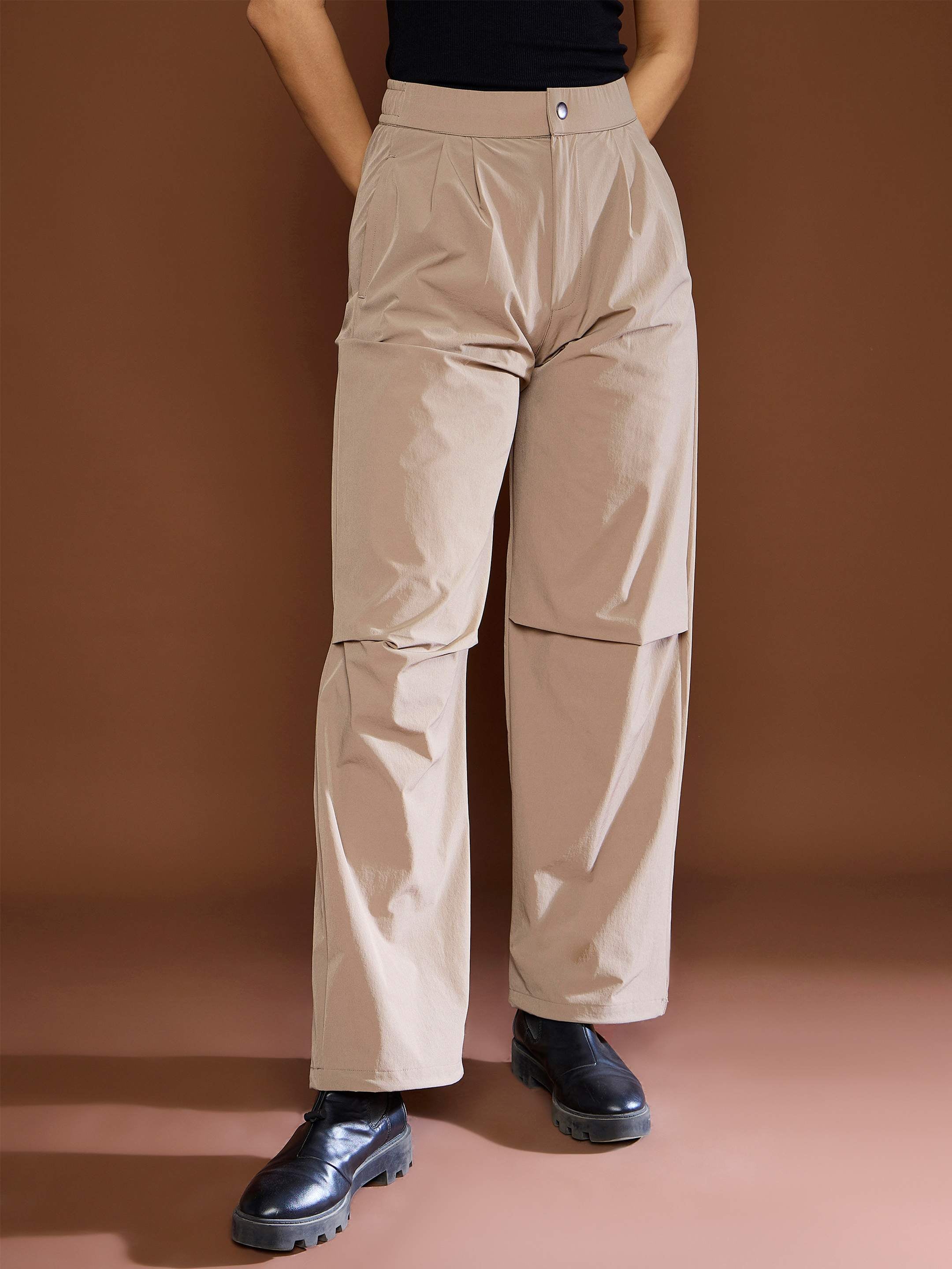 Women Unisex Taupe Front Dart Baggy Parachute Pants-MSPANT51120-Taupe