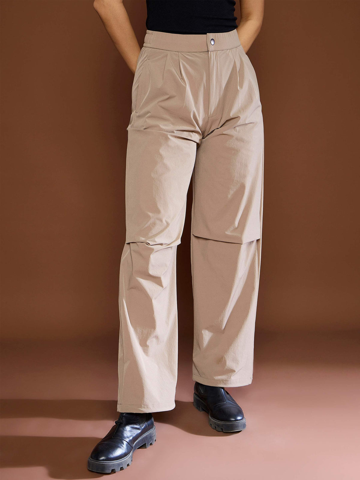 Women Unisex Taupe Front Dart Baggy Parachute Pants-MSPANT51120-Taupe