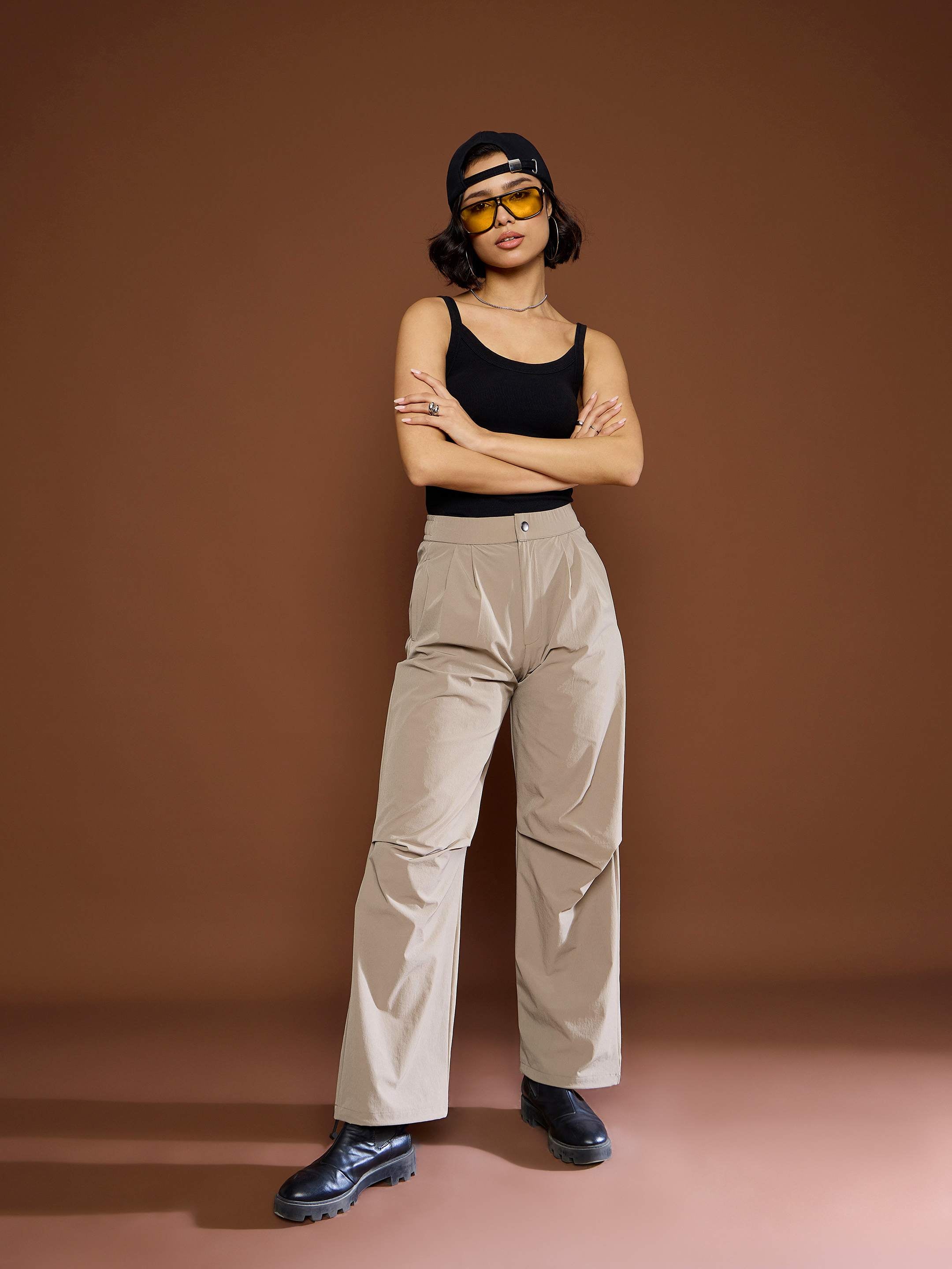 Women Unisex Taupe Front Dart Baggy Parachute Pants-MSPANT51120-Taupe
