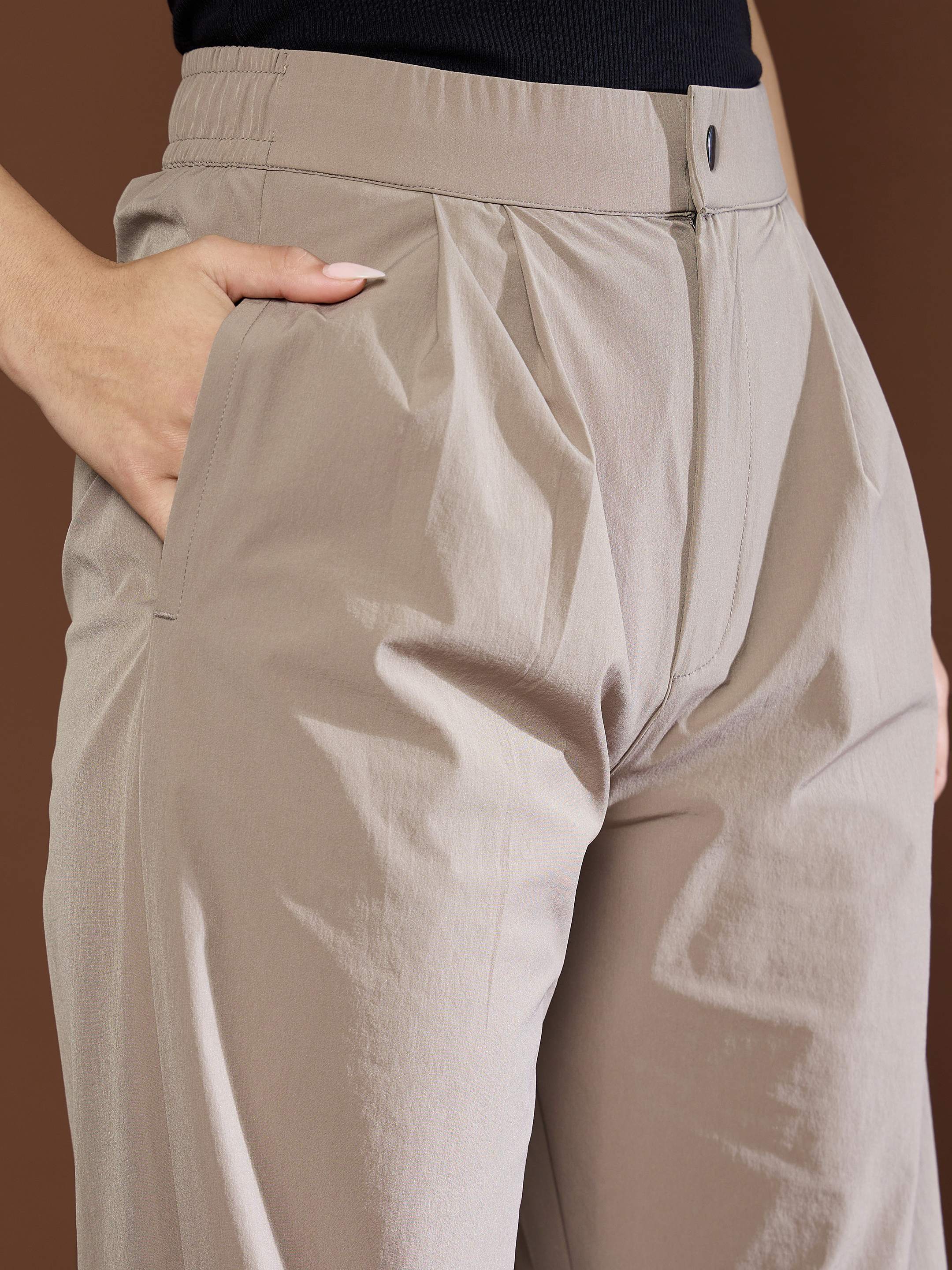 Women Unisex Taupe Front Dart Baggy Parachute Pants-MSPANT51120-Taupe