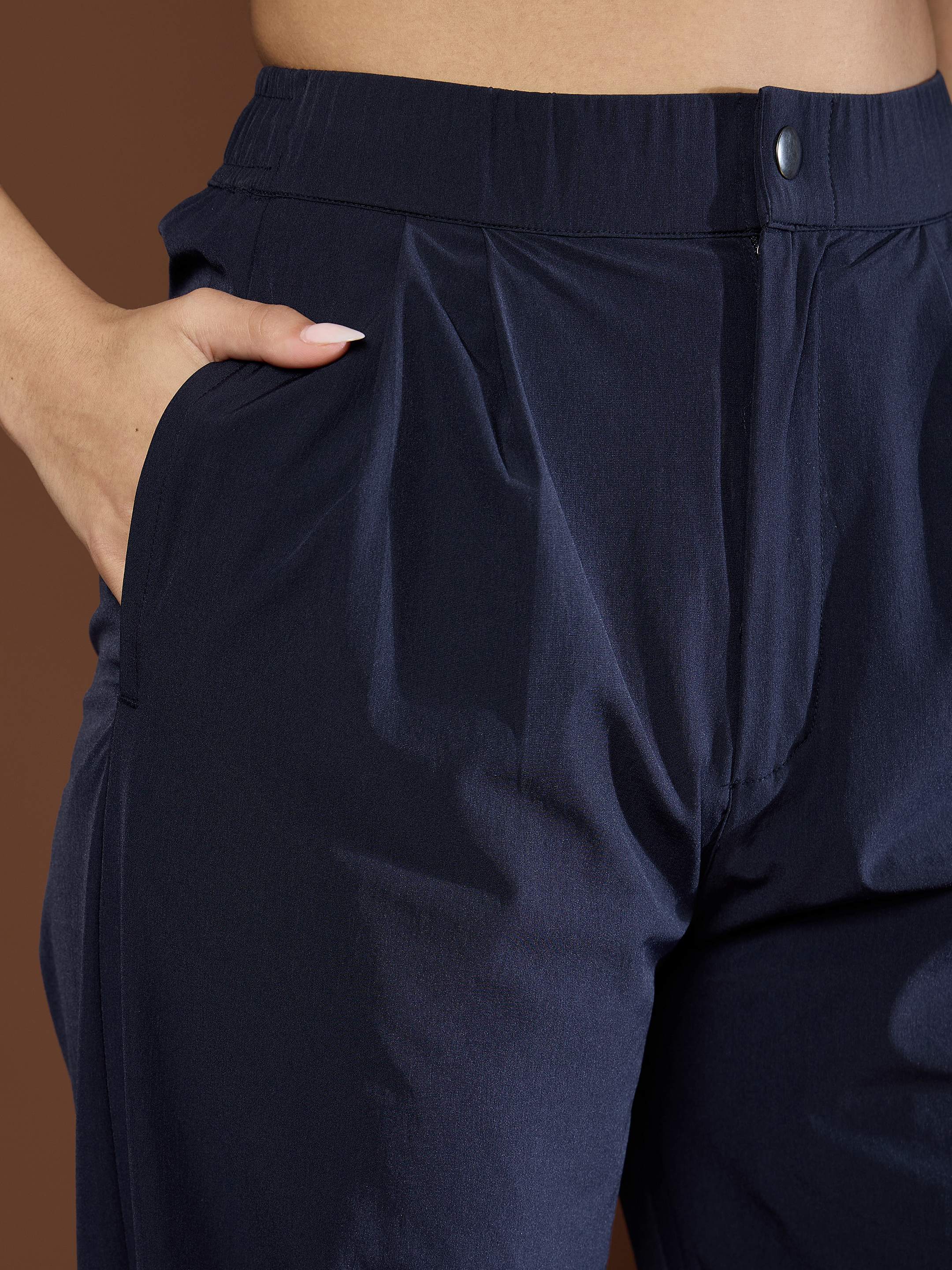 Women Unisex Navy Front Dart Baggy Parachute Pants-MSPANT51121-Navy