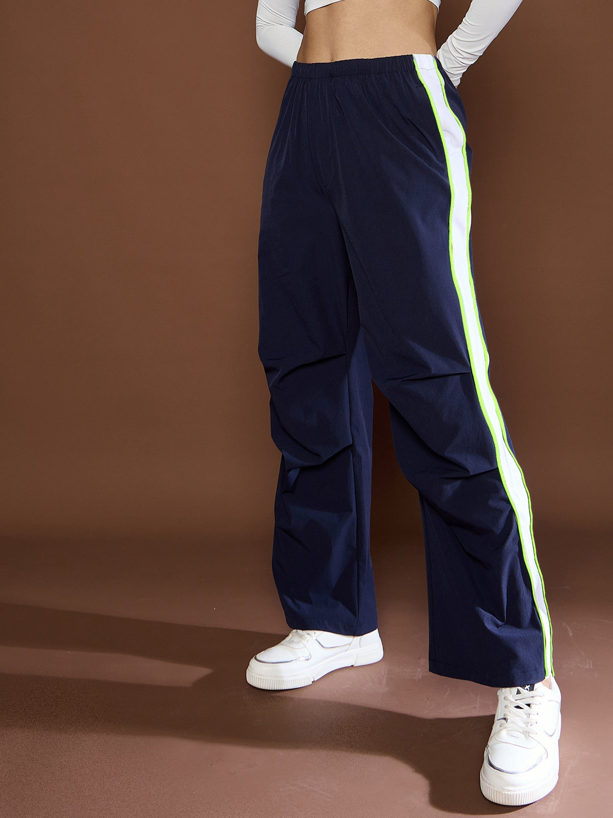 Women Unisex Navy Side Panel Baggy Parachute Pants-MSPANT51123-Navy