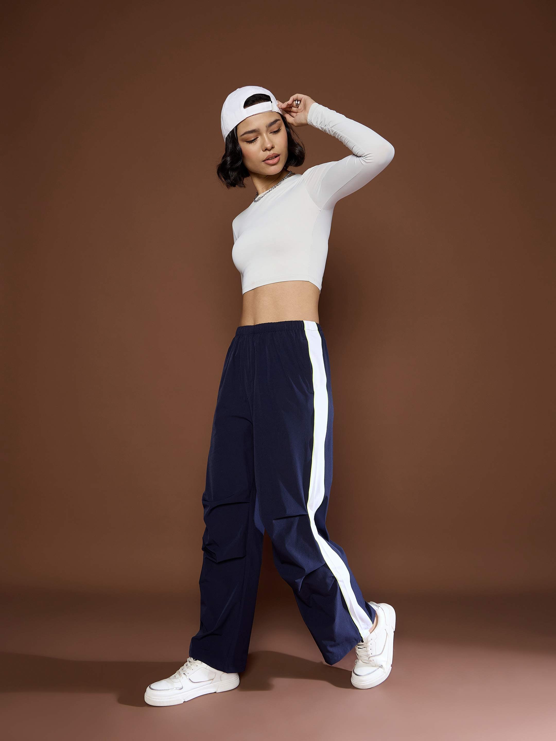Women Unisex Navy Side Panel Baggy Parachute Pants-MSPANT51123-Navy