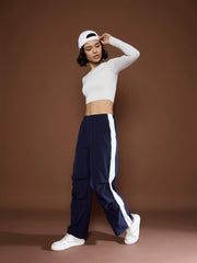Women Unisex Navy Side Panel Baggy Parachute Pants-MSPANT51123-Navy