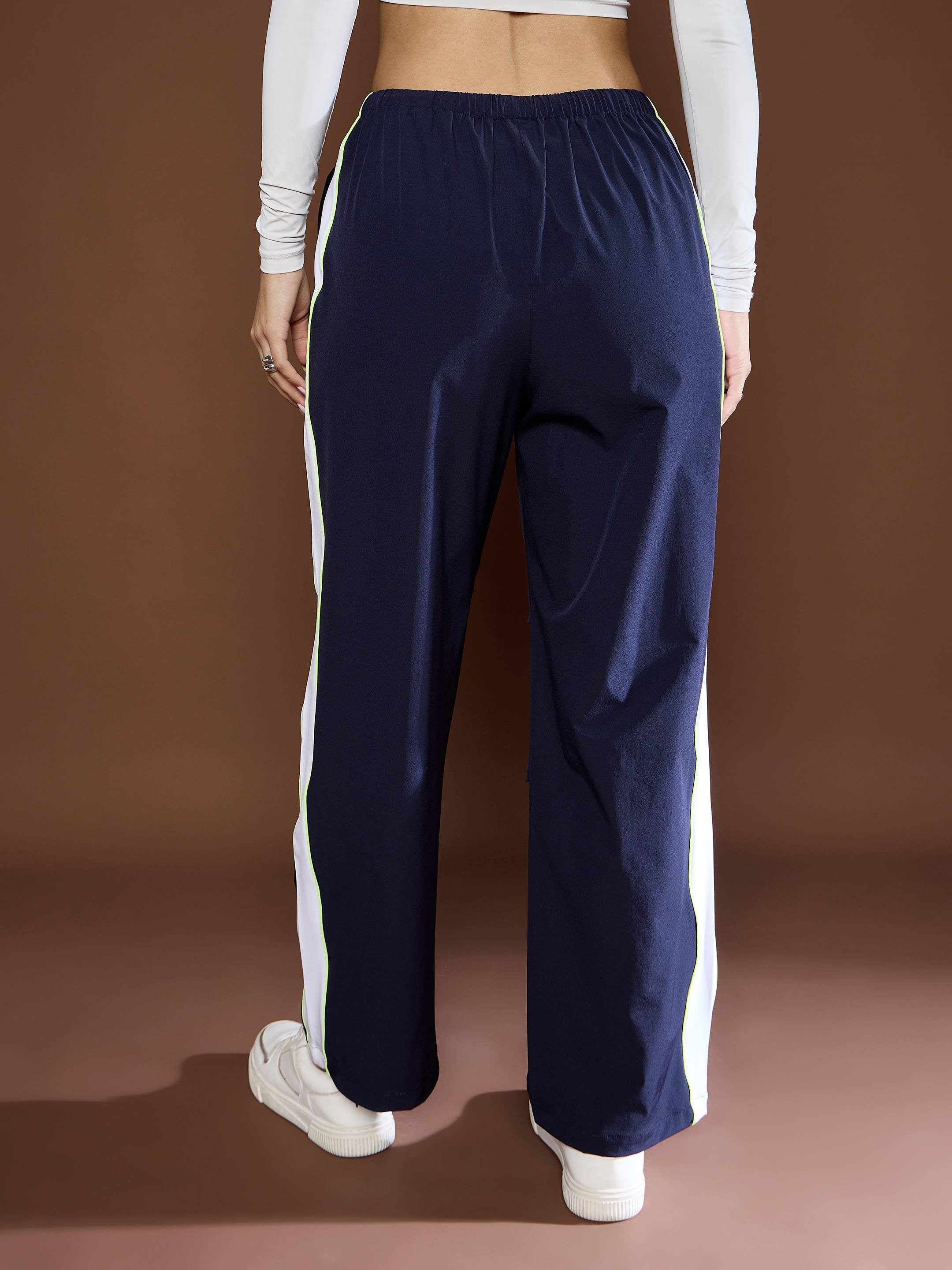 Women Unisex Navy Side Panel Baggy Parachute Pants-MSPANT51123-Navy