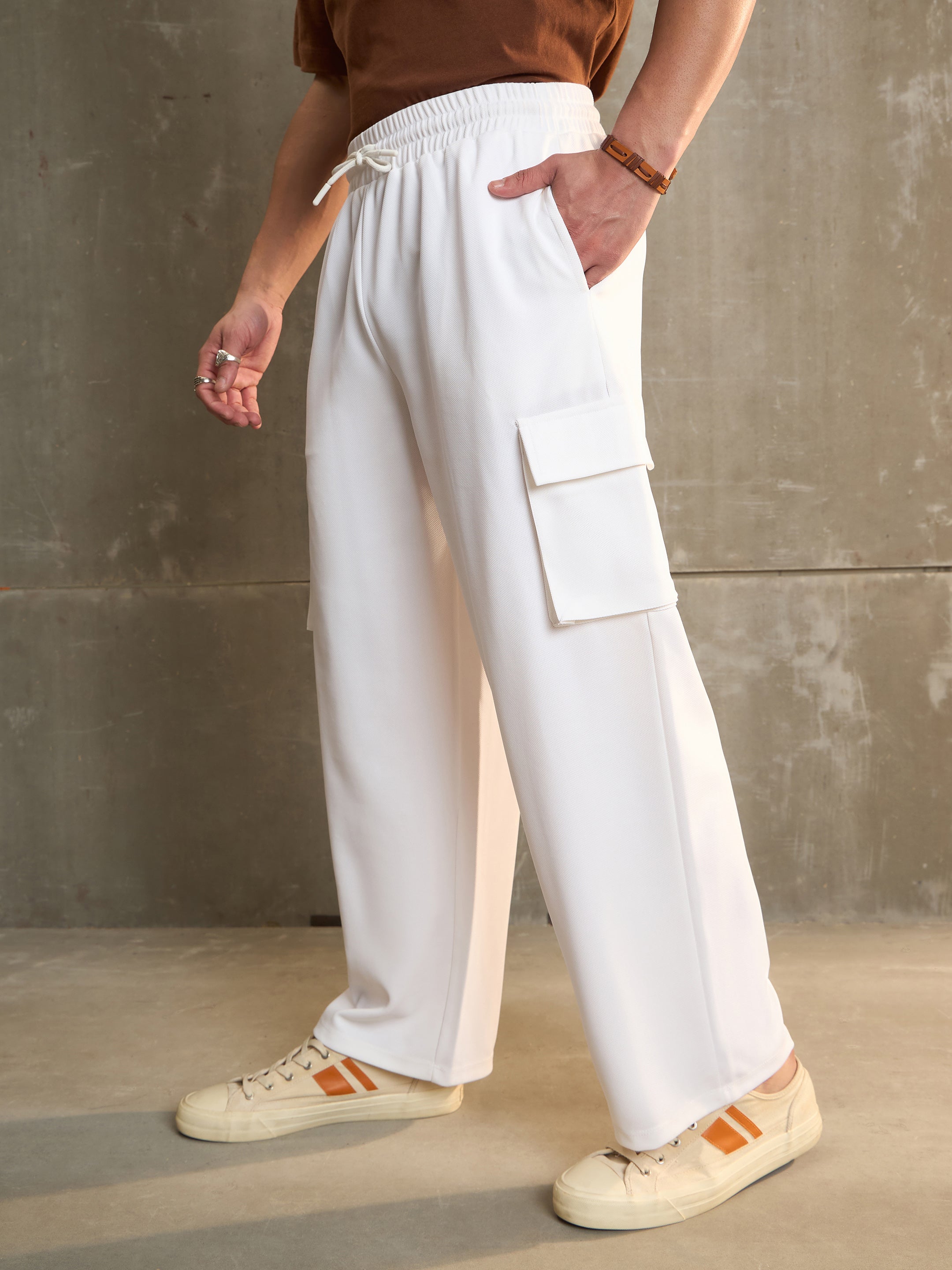 Men White Side Pocket Wide Leg Pants-MSPANT51128