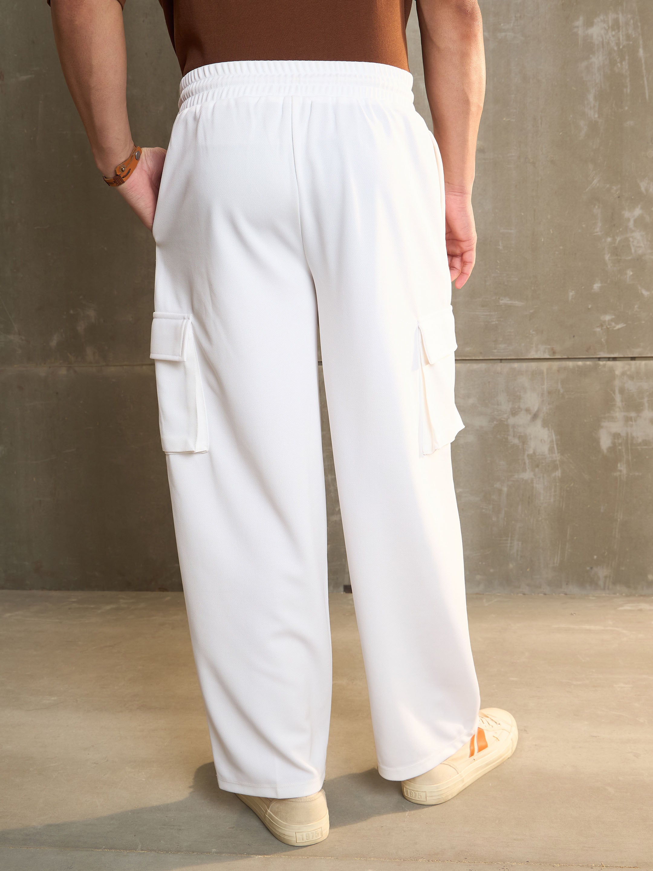 Men White Side Pocket Wide Leg Pants-MSPANT51128