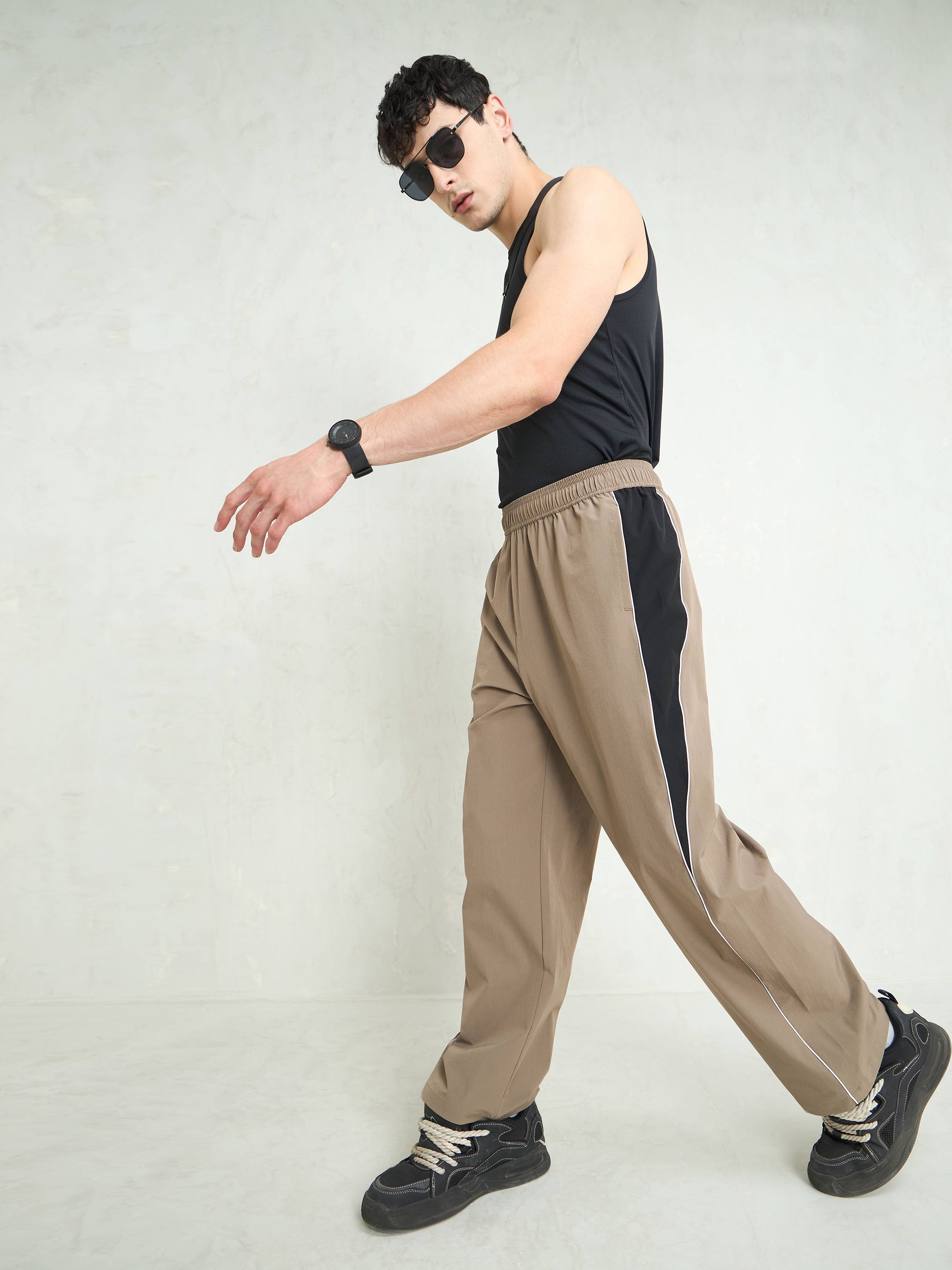 Unisex Taupe Color Block Side Seam Parachute Pants-MSPANT51227