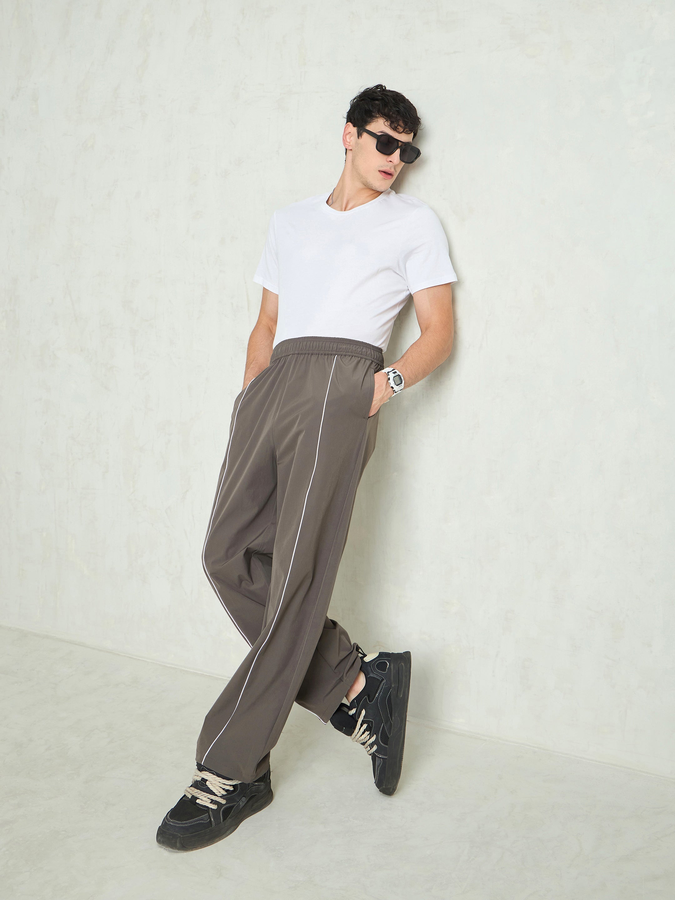 Unisex Dark Grey Piping Detail Baggy Parachute Pants-MSPANT51229