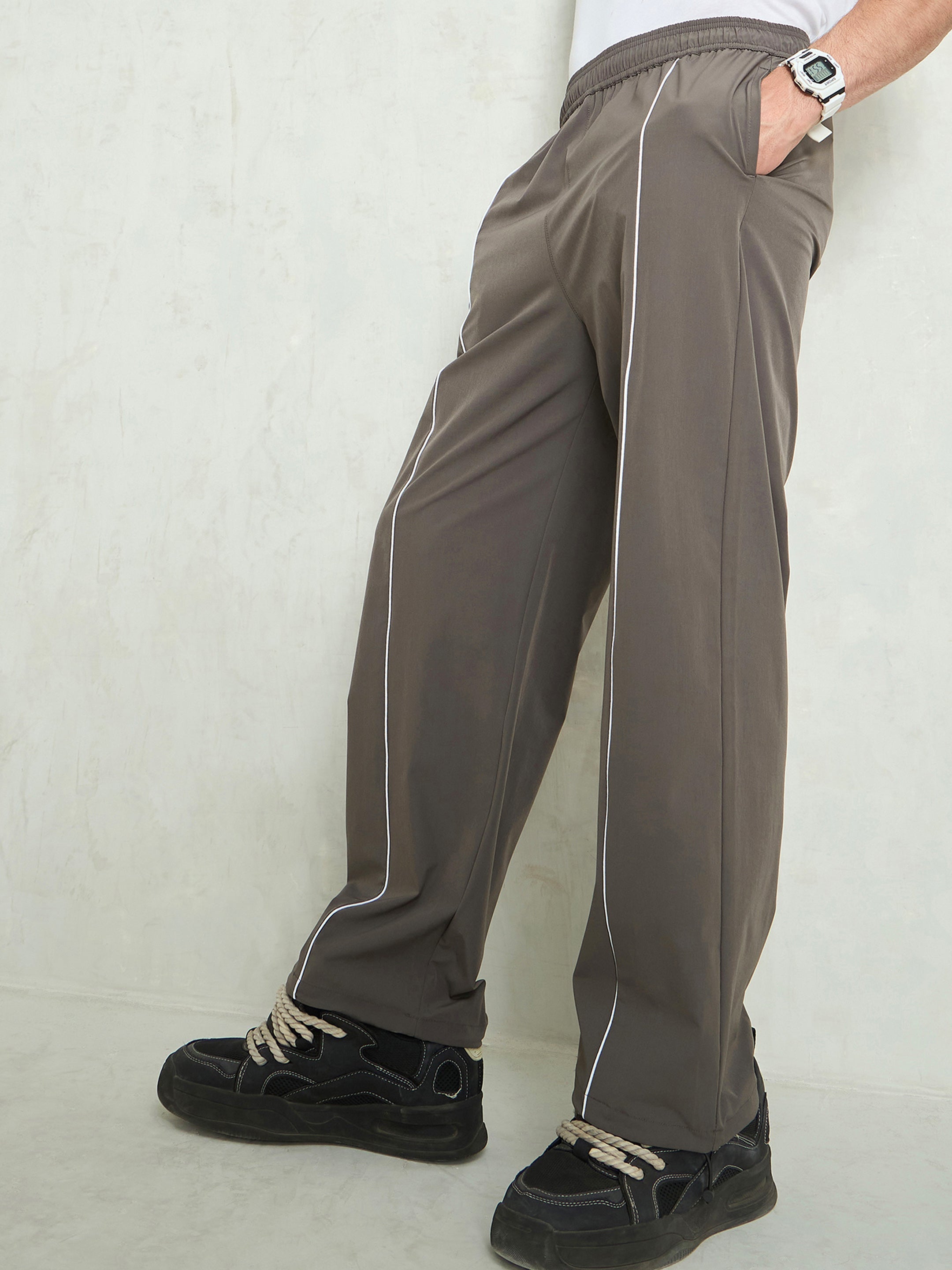 Unisex Dark Grey Piping Detail Baggy Parachute Pants-MSPANT51229