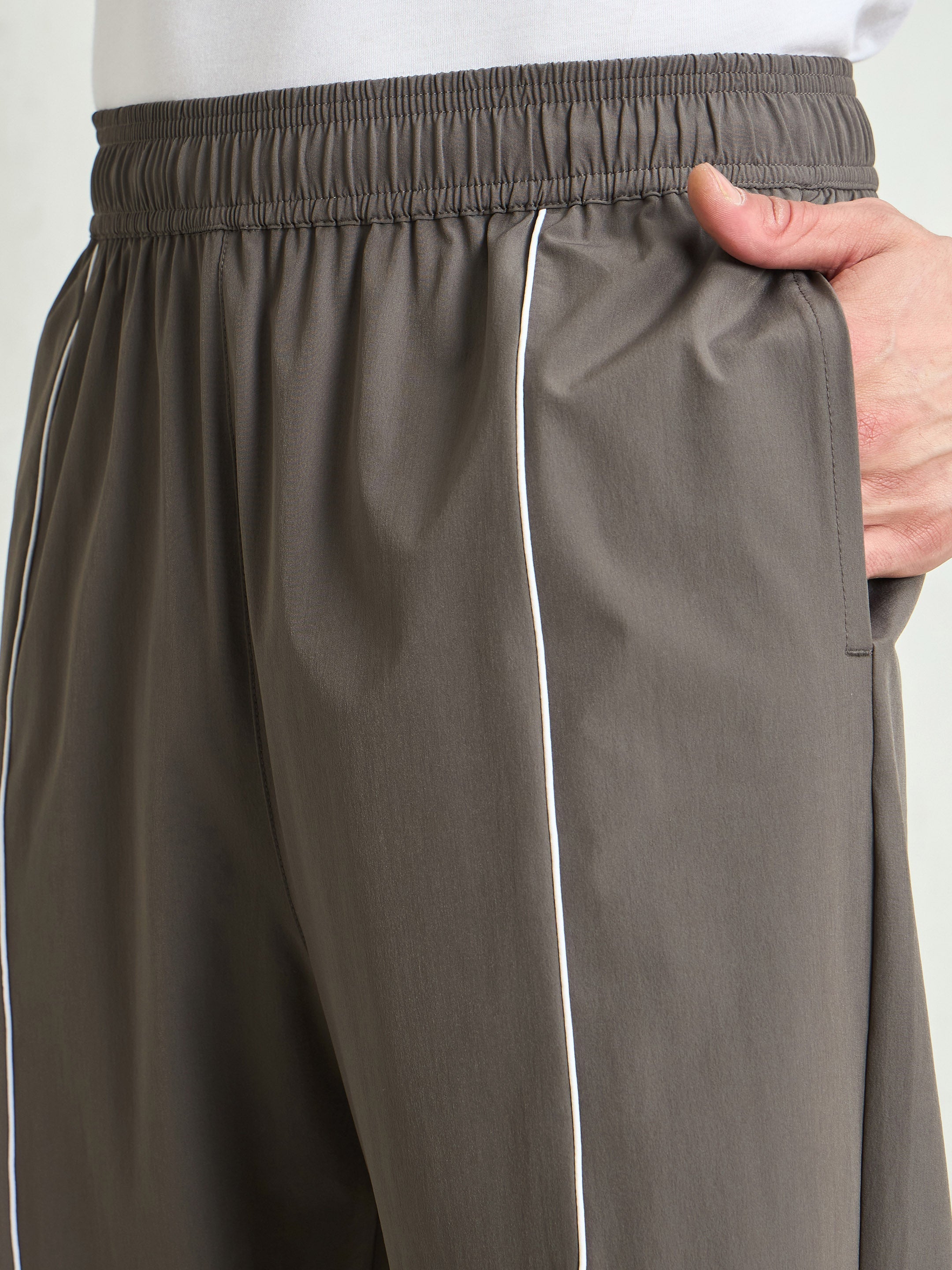 Unisex Dark Grey Piping Detail Baggy Parachute Pants-MSPANT51229