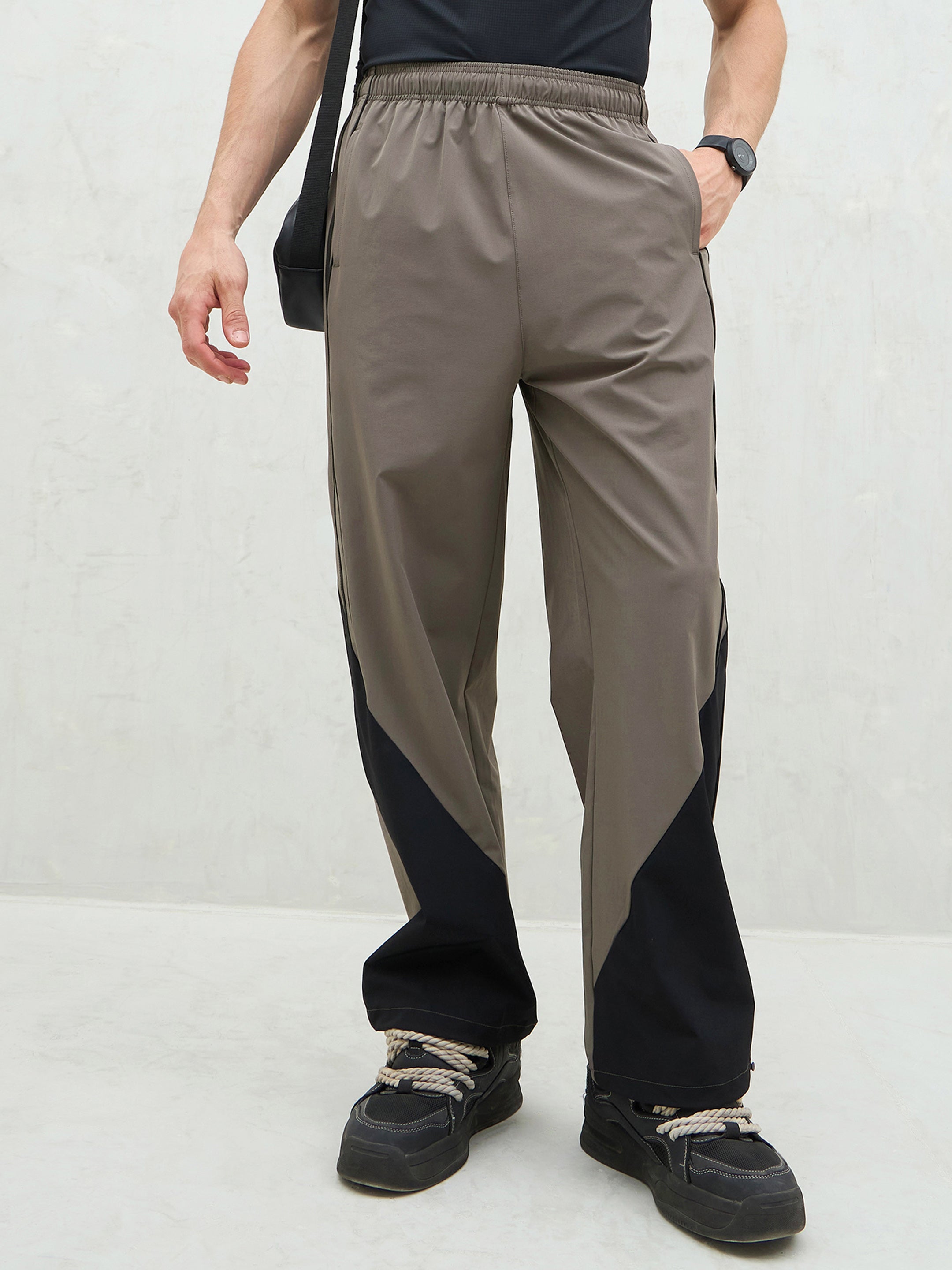 Unisex Dark Grey Bottom Color Block Baggy Parachute Pants-MSPANT51230