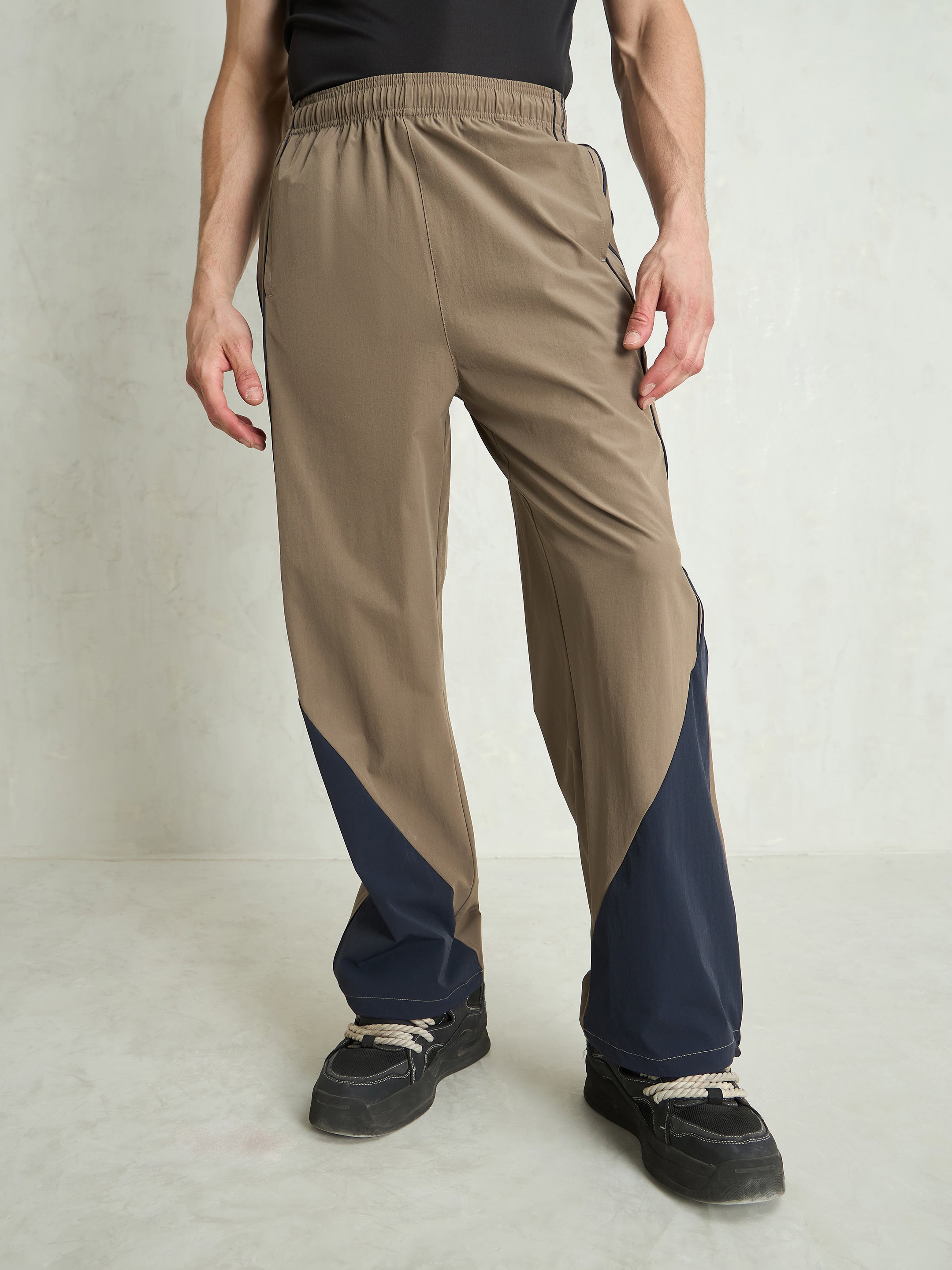 Unisex Taupe Bottom Color Block Baggy Parachute Pants-MSPANT51231