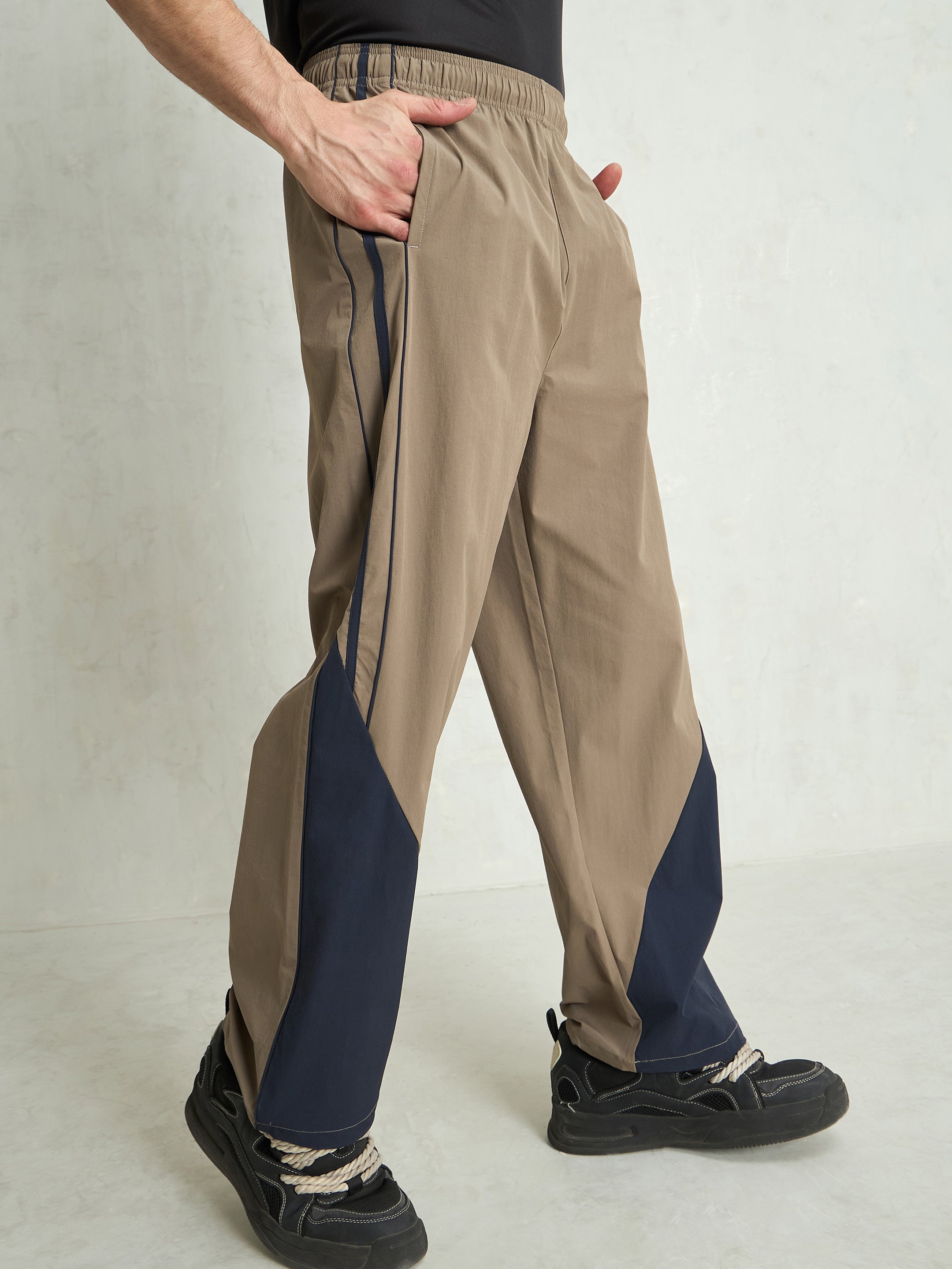 Unisex Taupe Bottom Color Block Baggy Parachute Pants-MSPANT51231