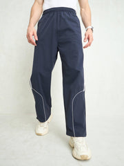 Unisex Navy Blue Piping Detail Baggy Parachute Pants-MSPANT51233