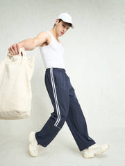 Unisex Navy Blue Piping Detail Baggy Parachute Pants-MSPANT51233
