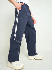 Unisex Navy Blue Piping Detail Baggy Parachute Pants-MSPANT51233