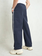 Unisex Navy Blue Piping Detail Baggy Parachute Pants-MSPANT51233