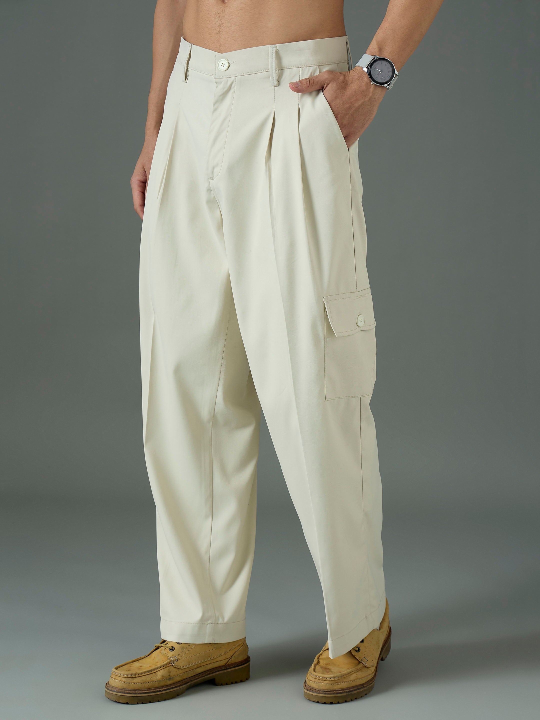 Men Off White Side Flap Pocket Relax Fit Korean Trouser-MSPANT51304