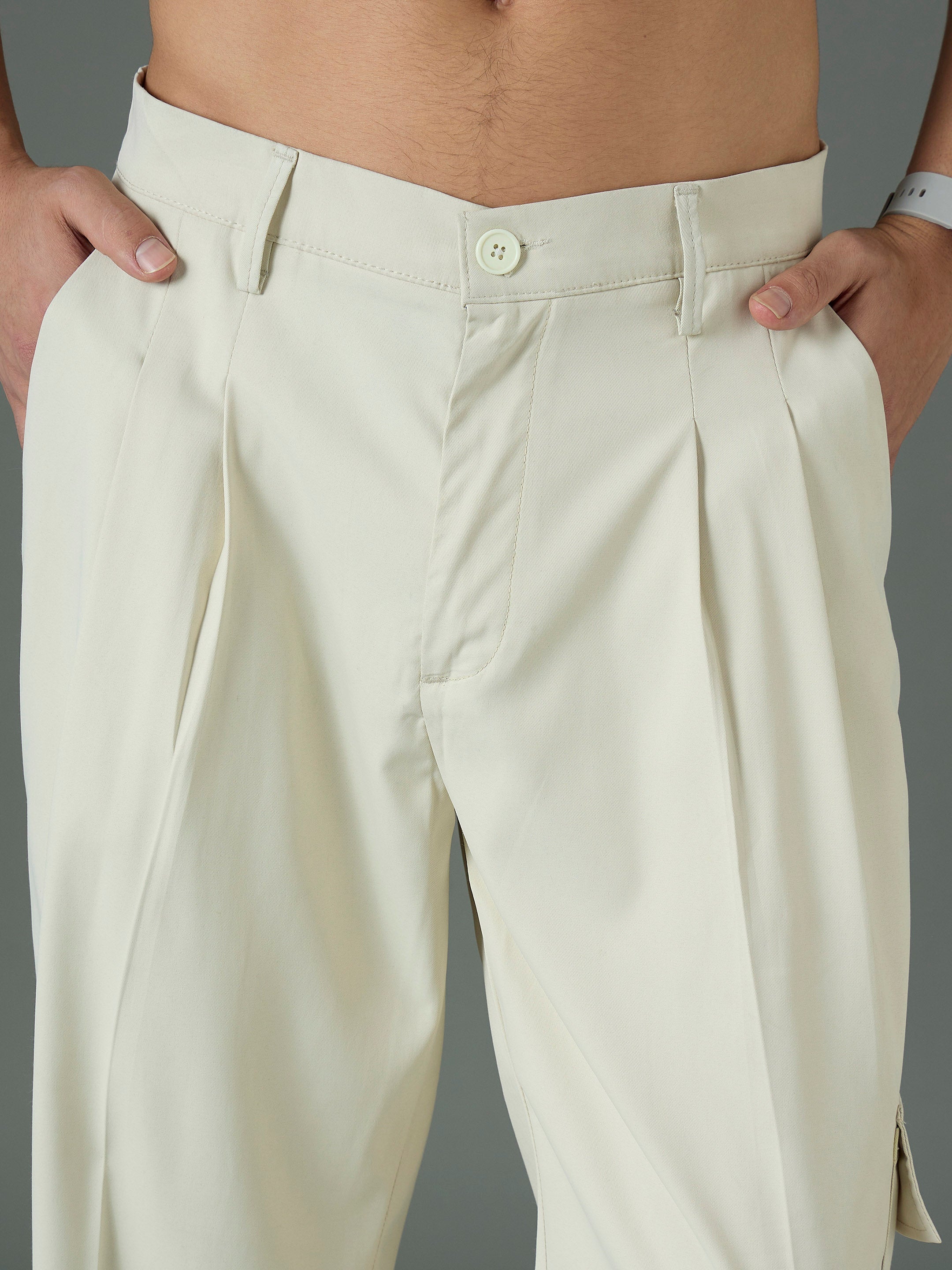 Men Off White Side Flap Pocket Relax Fit Korean Trouser-MSPANT51304