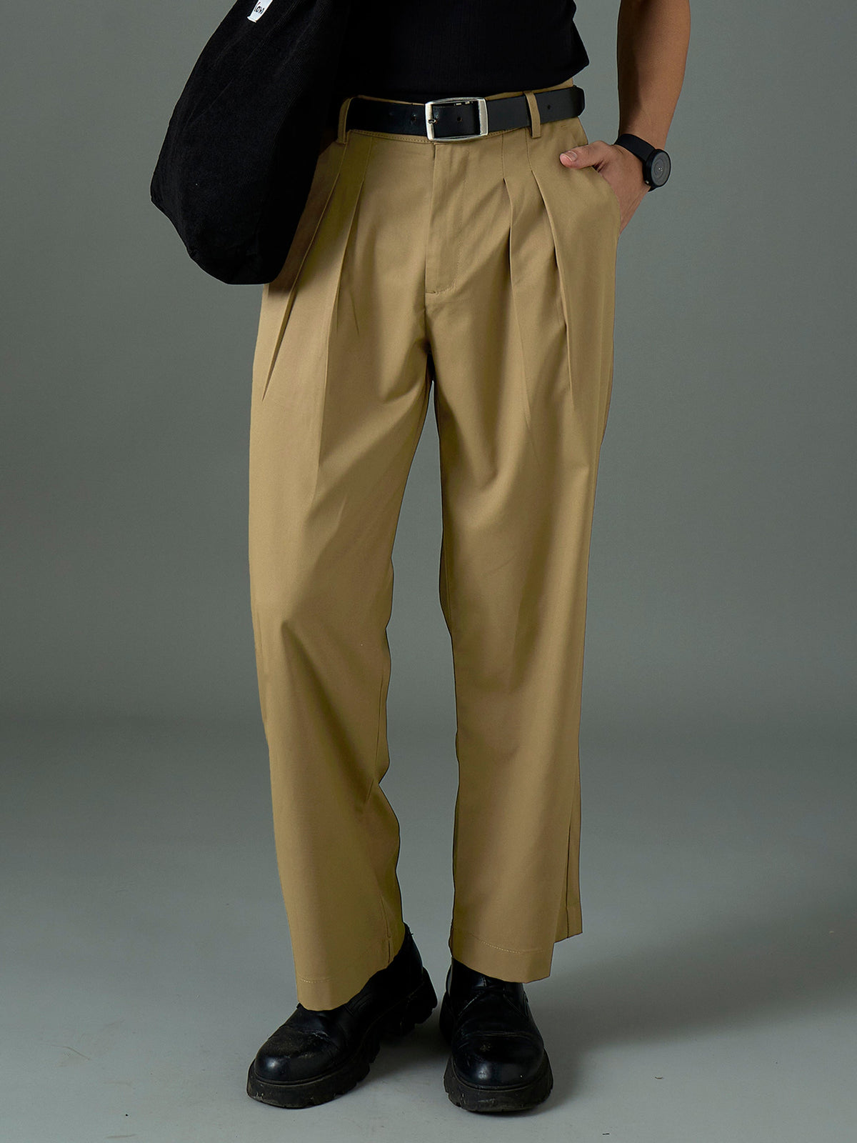Men Khaki Front Pleat Relax Fit Korean Trouser-MSPANT51306