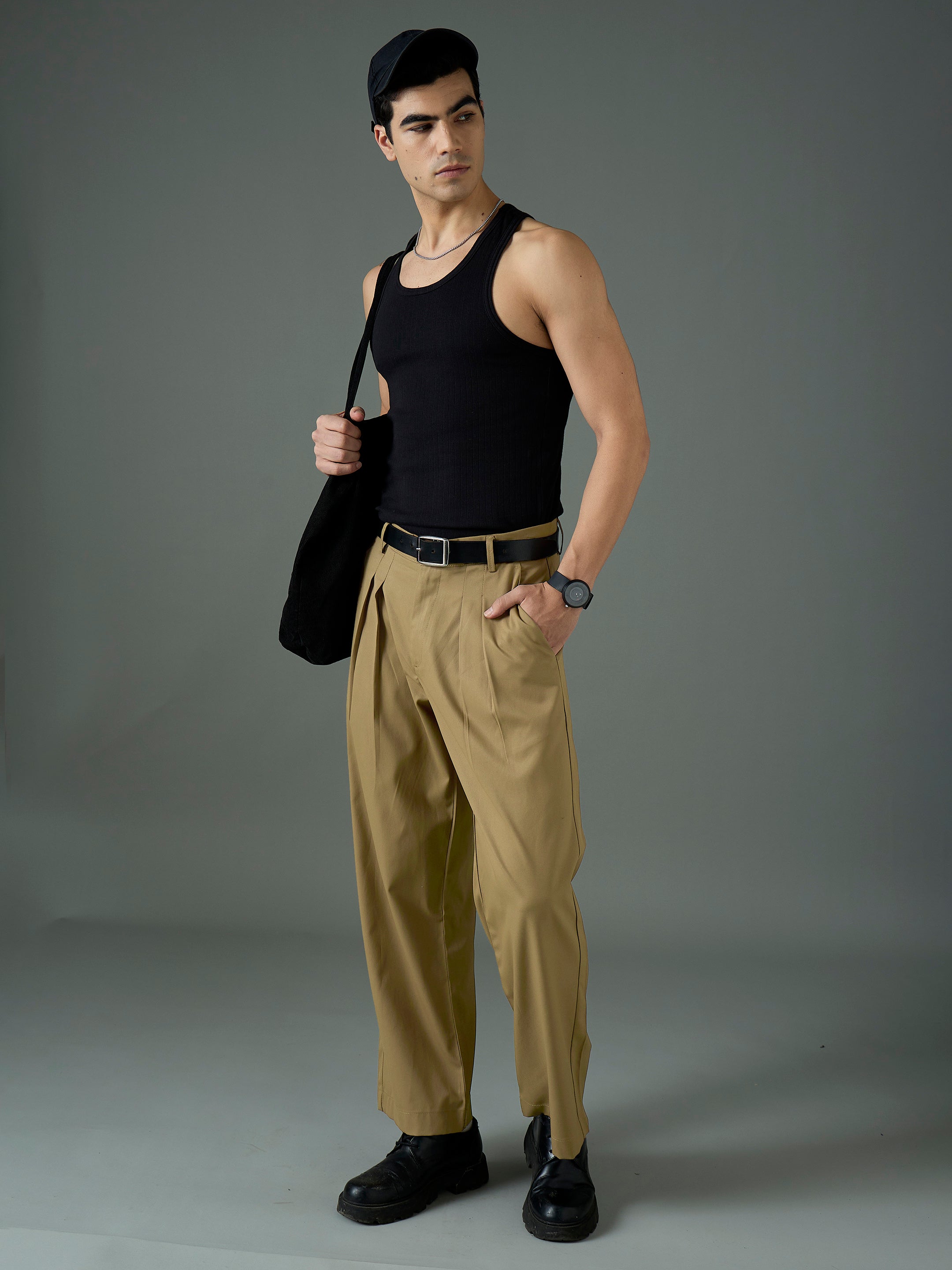 Men Khaki Front Pleat Relax Fit Korean Trouser-MSPANT51306