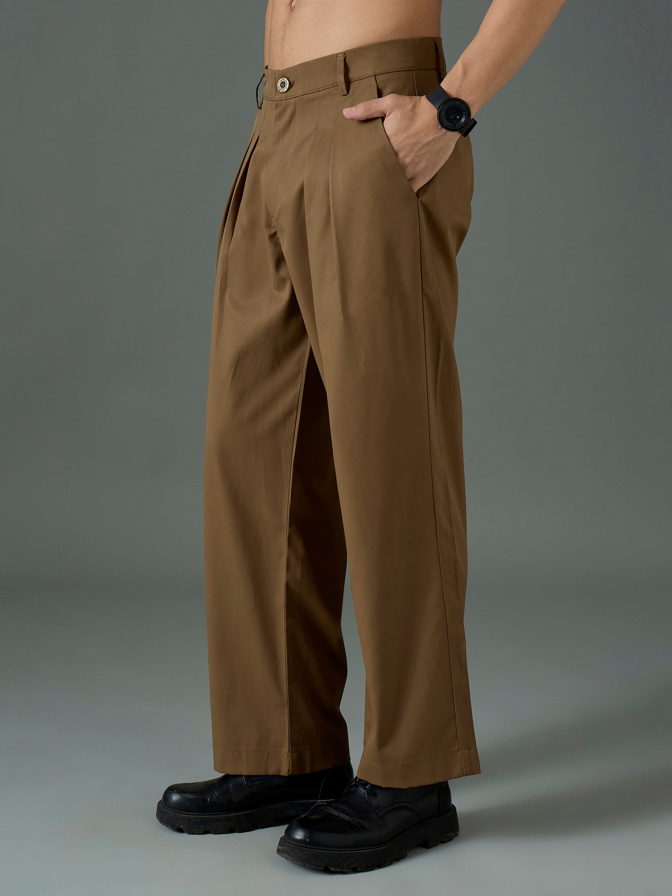 Men Dark Brown Front Pleat Relax Fit Korean Trouser-MSPANT51307
