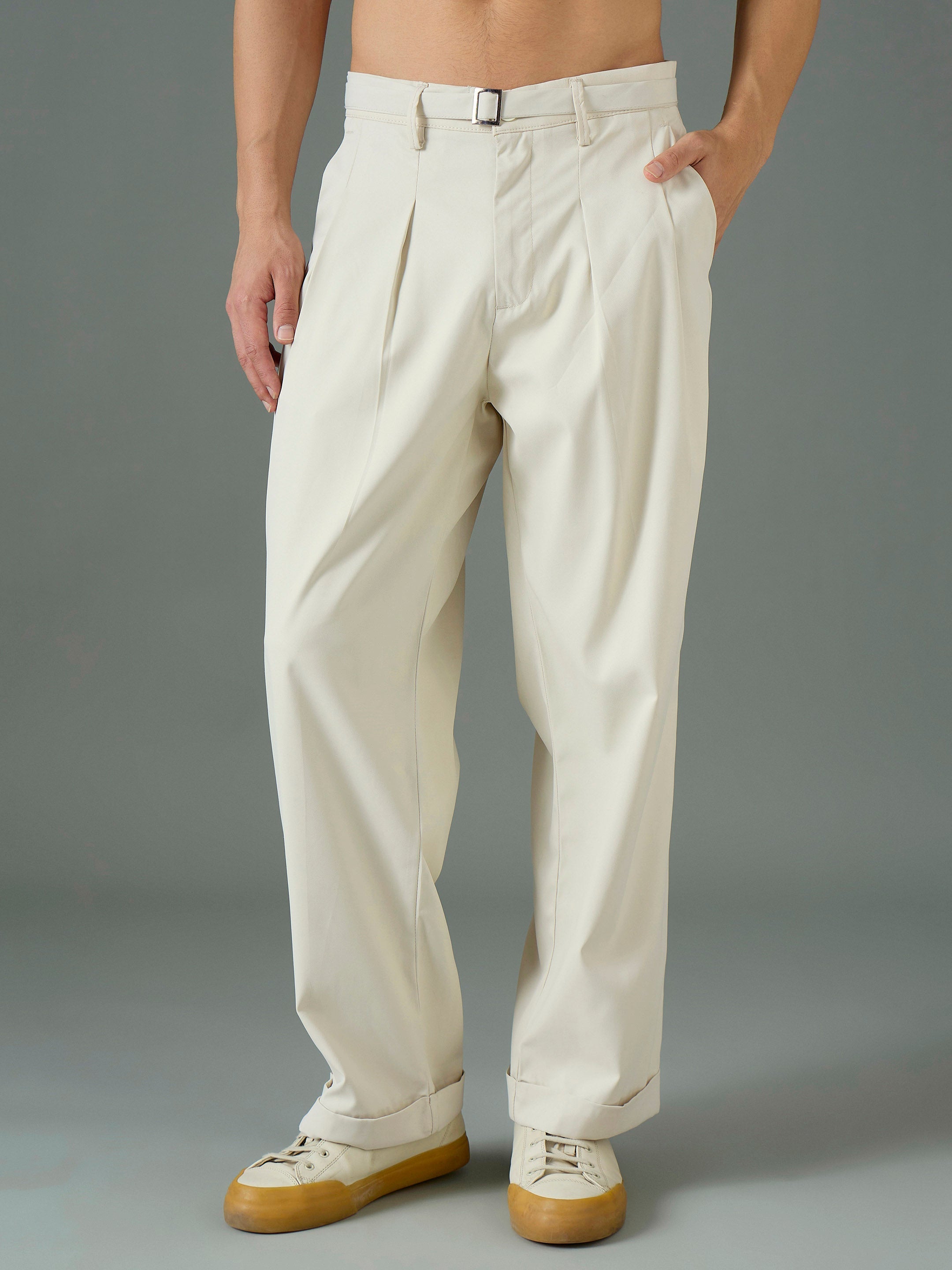Men Off White Front Belt Relax Fit Korean Trouser-MSPANT51308