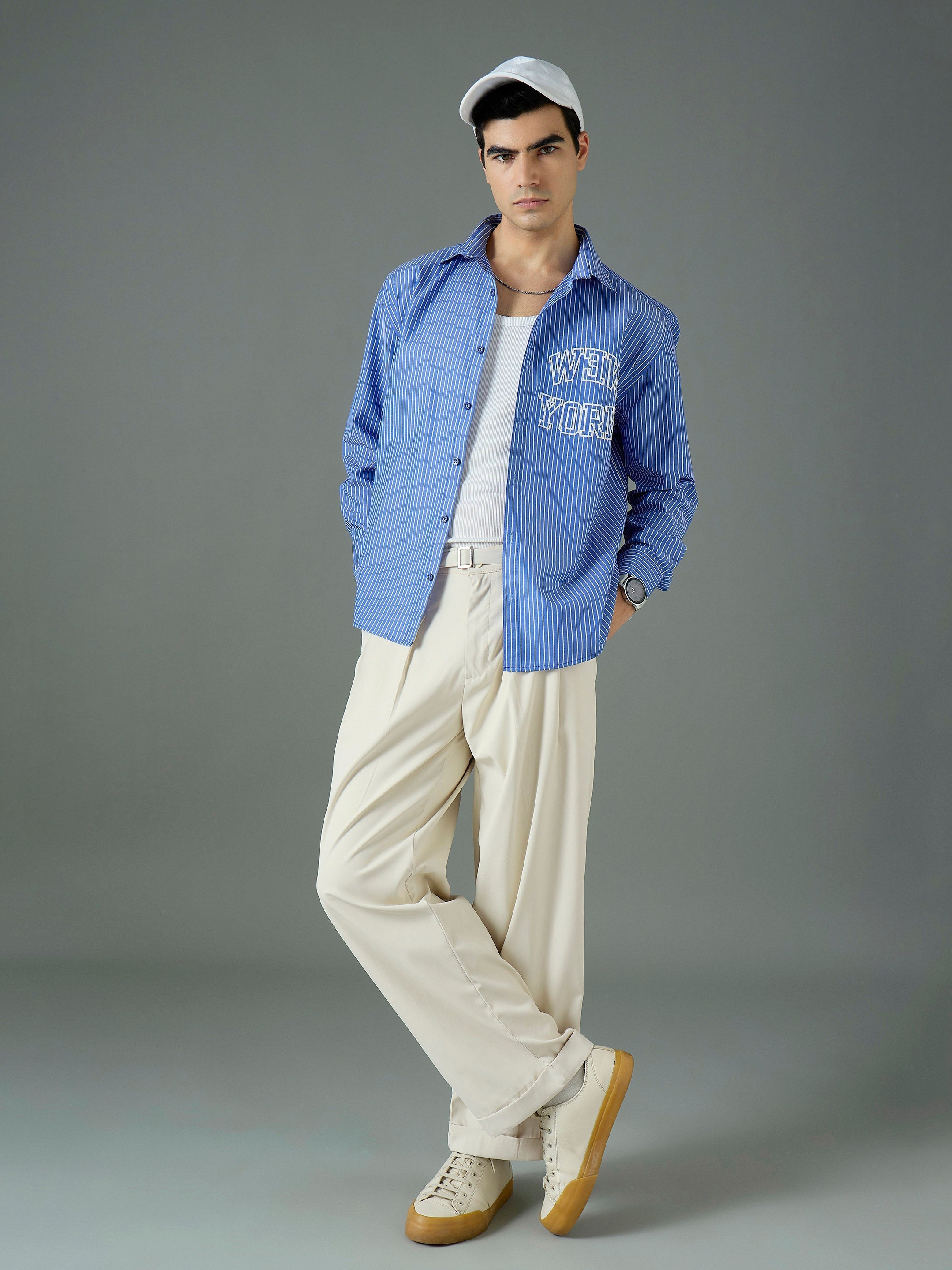 Men Off White Front Belt Relax Fit Korean Trouser-MSPANT51308