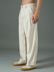 Men Off White Front Belt Relax Fit Korean Trouser-MSPANT51308