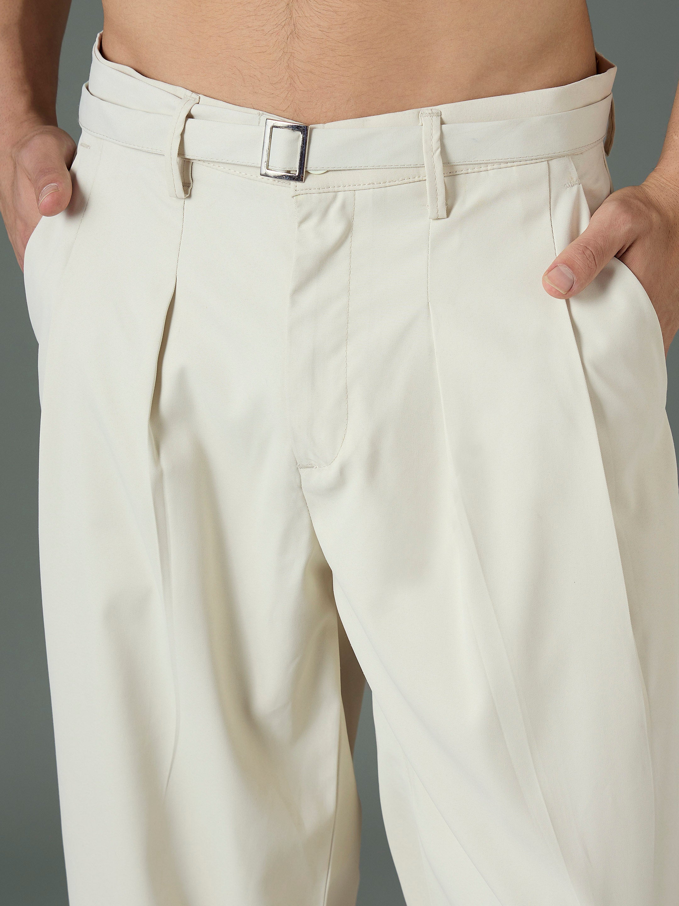 Men Off White Front Belt Relax Fit Korean Trouser-MSPANT51308