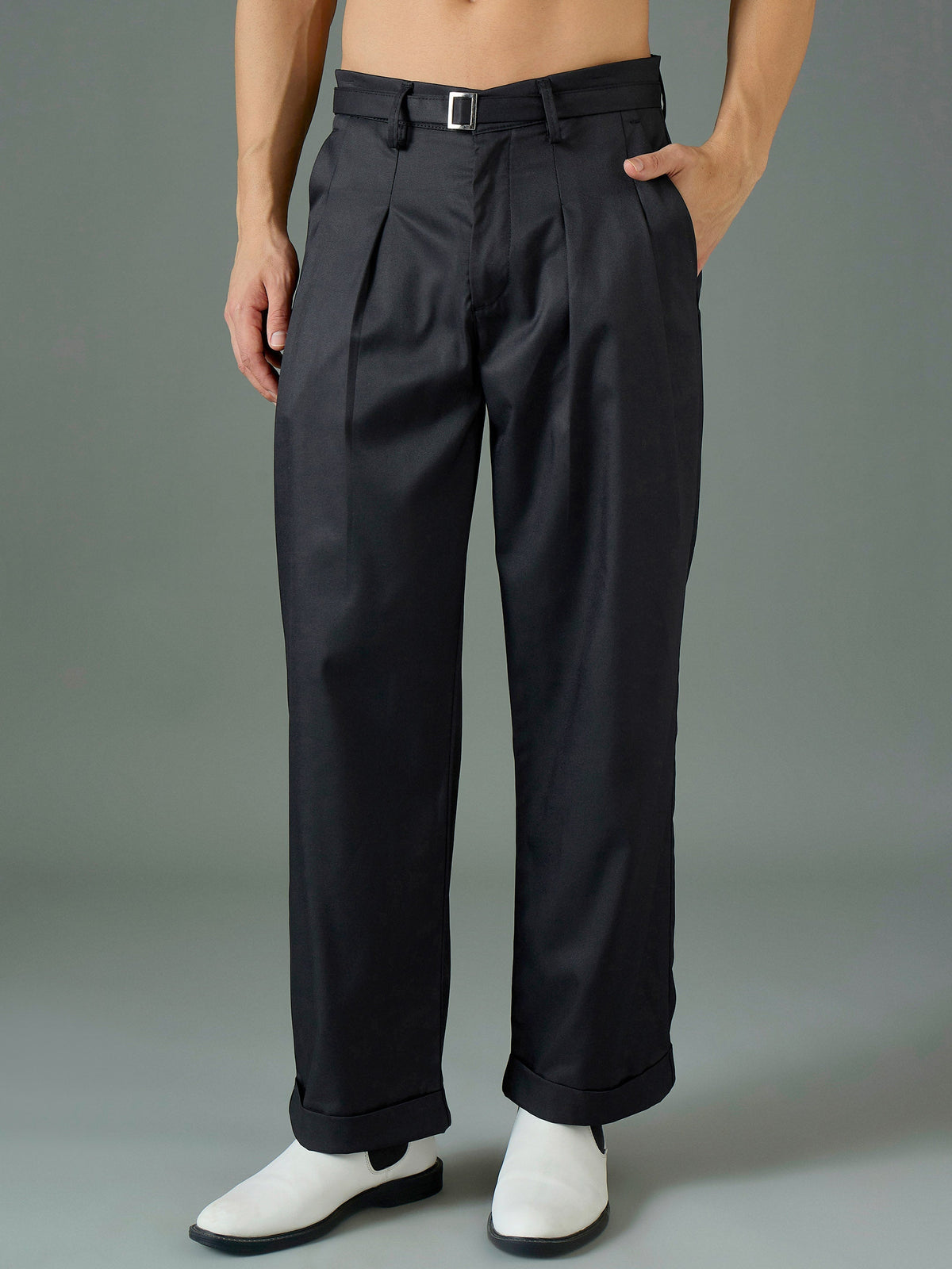 Men Black Front Belt Relax Fit Korean Trouser-MSPANT51309