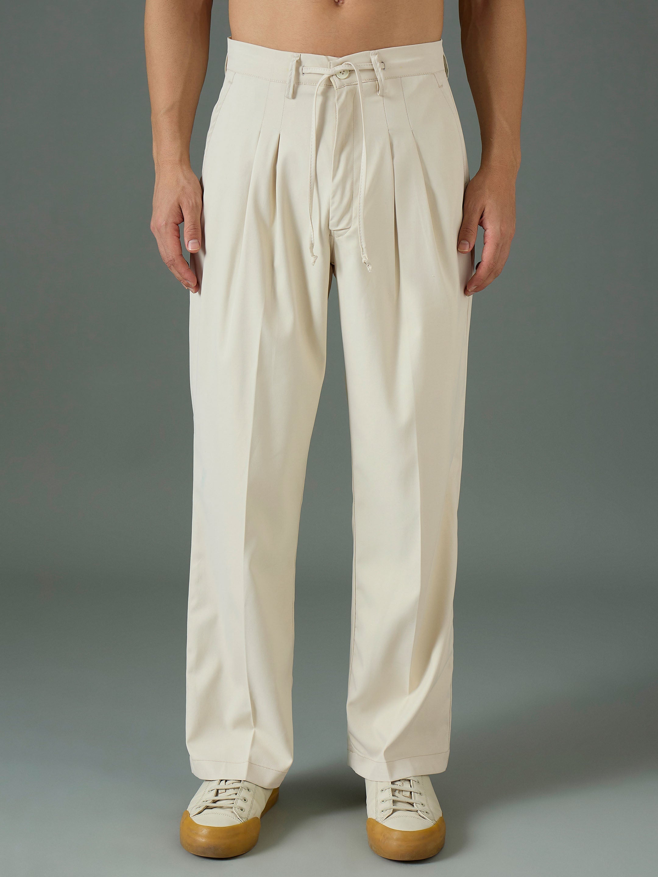 Men Off White Front Dori Relax Fit Korean Trouser-MSPANT51312