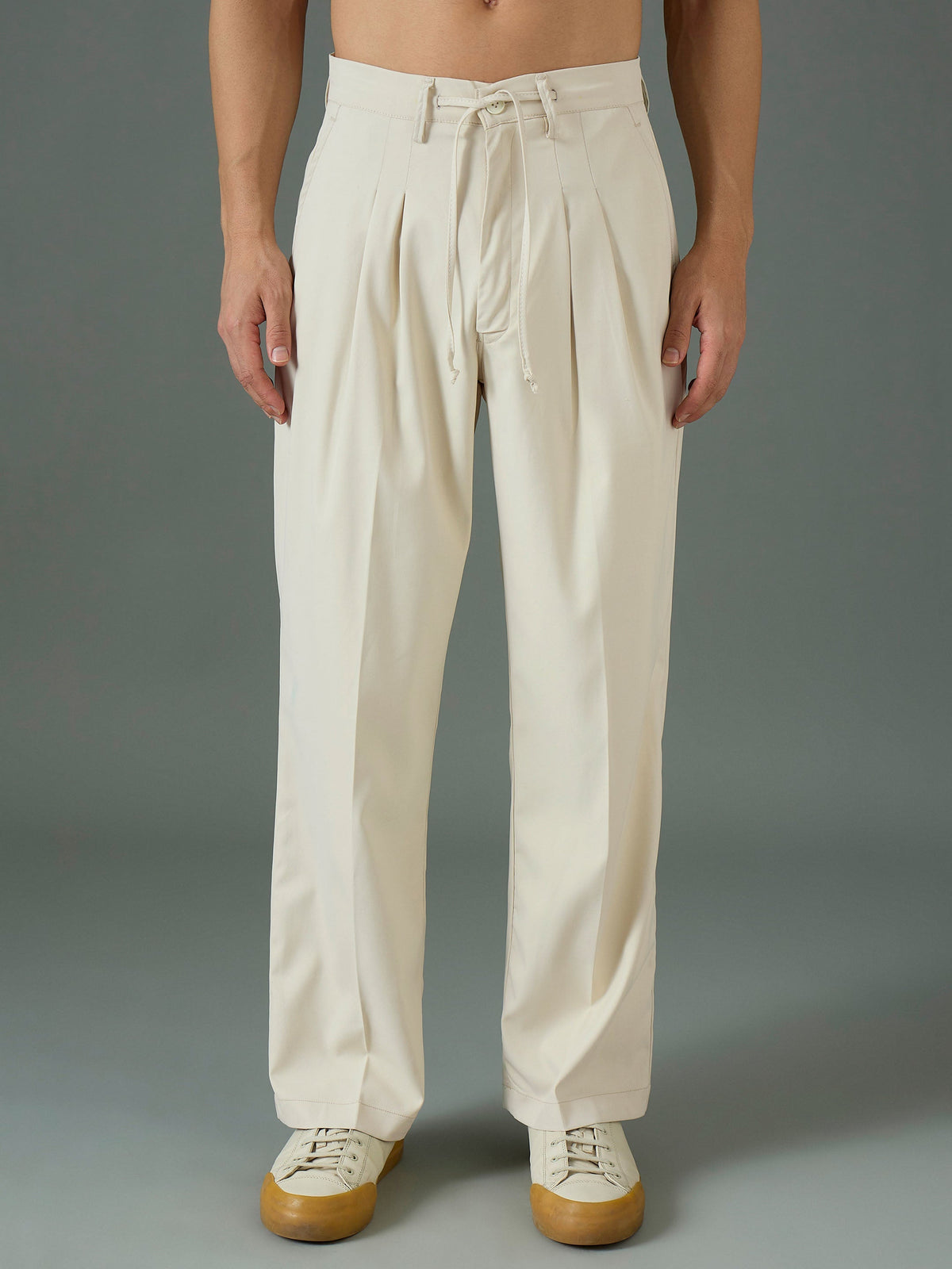 Men Off White Front Dori Relax Fit Korean Trouser-MSPANT51312