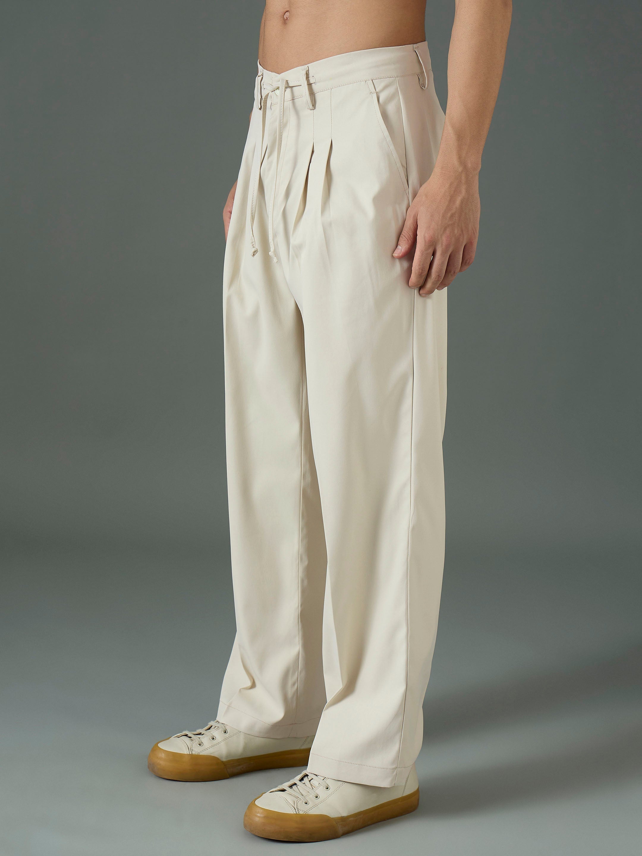 Men Off White Front Dori Relax Fit Korean Trouser-MSPANT51312