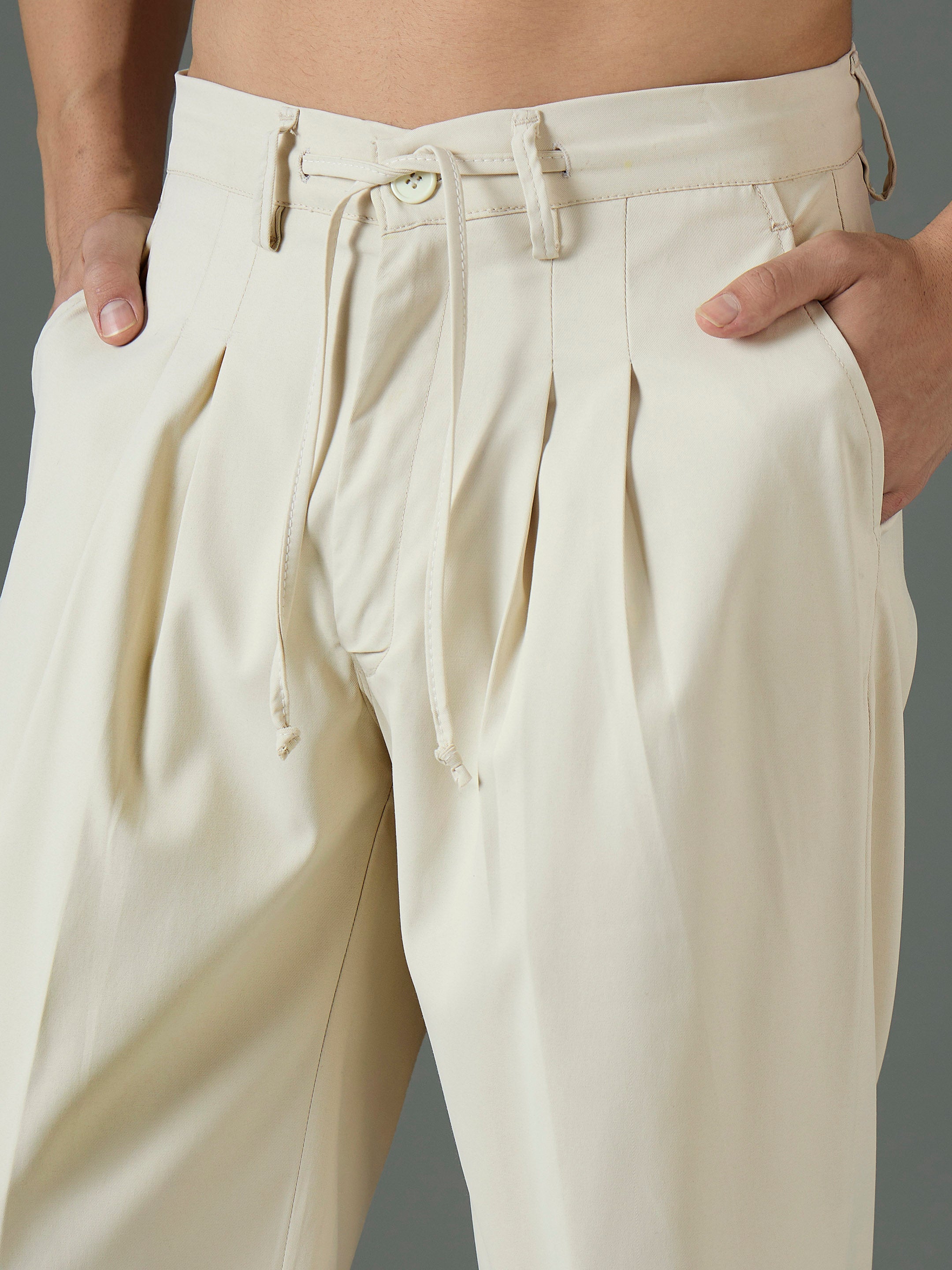 Men Off White Front Dori Relax Fit Korean Trouser-MSPANT51312