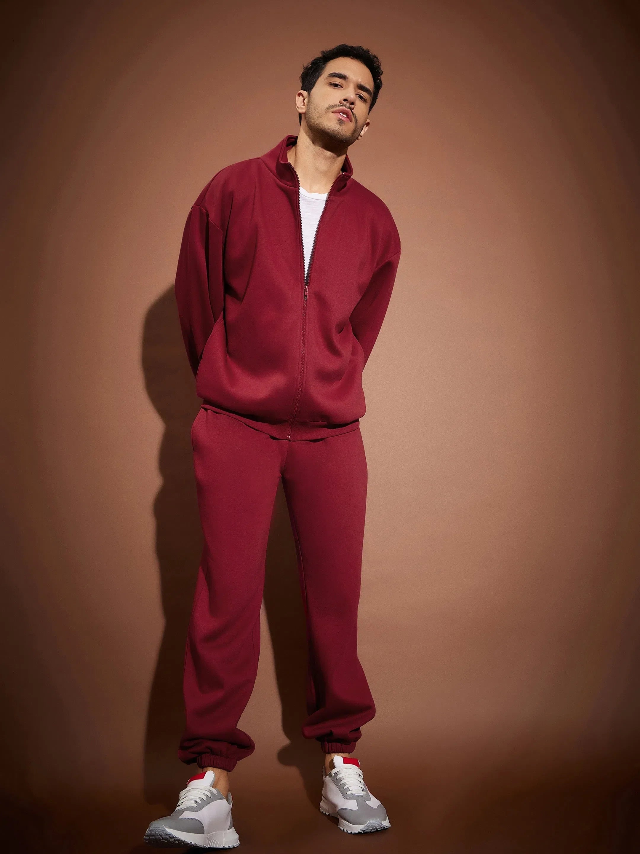 Maroon Zipper Sweatshirt & Joggers Set for Men | Cotton T-Shirts