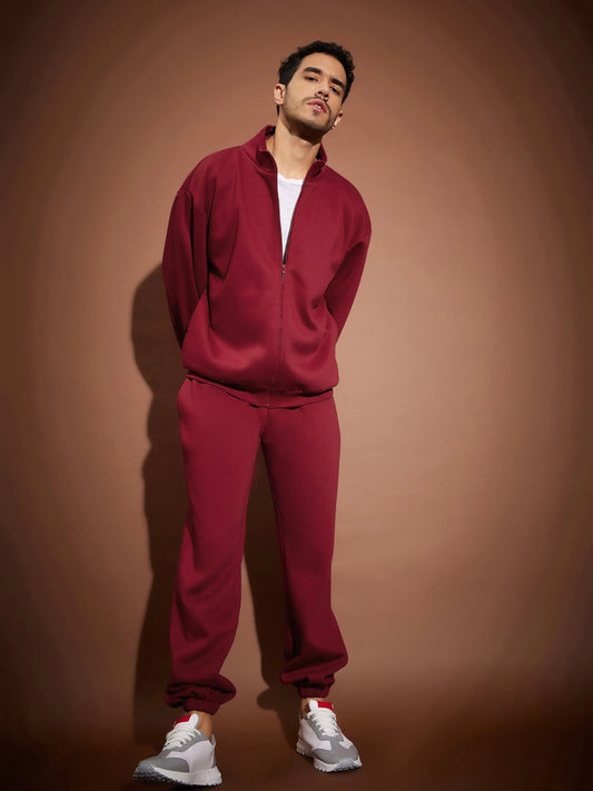 Men Maroon Front Zipper Oversized Sweatshirt With Joggers 2160