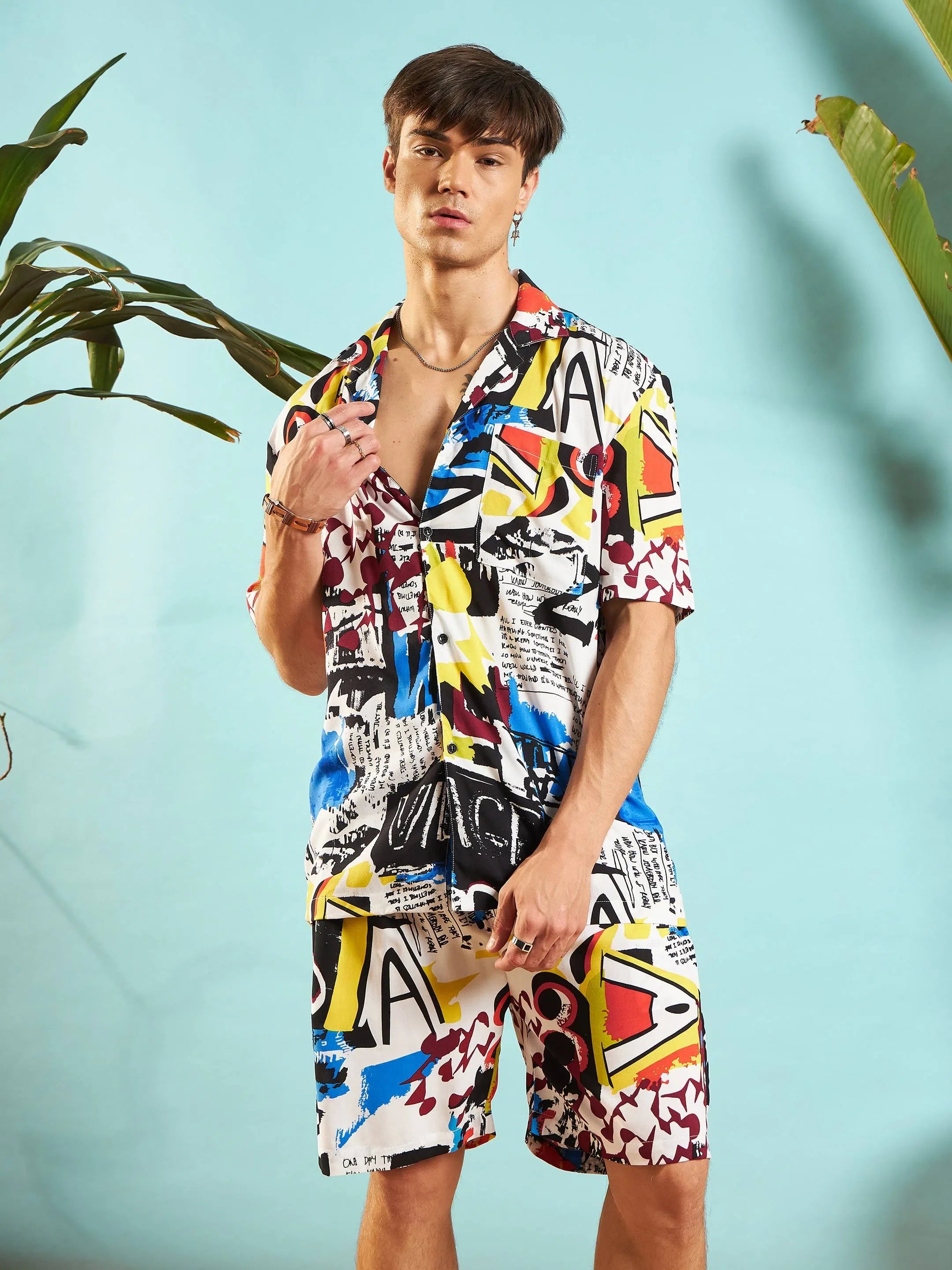 White Abstract Printed Co Ord Sets for Men - Shirt & Shorts