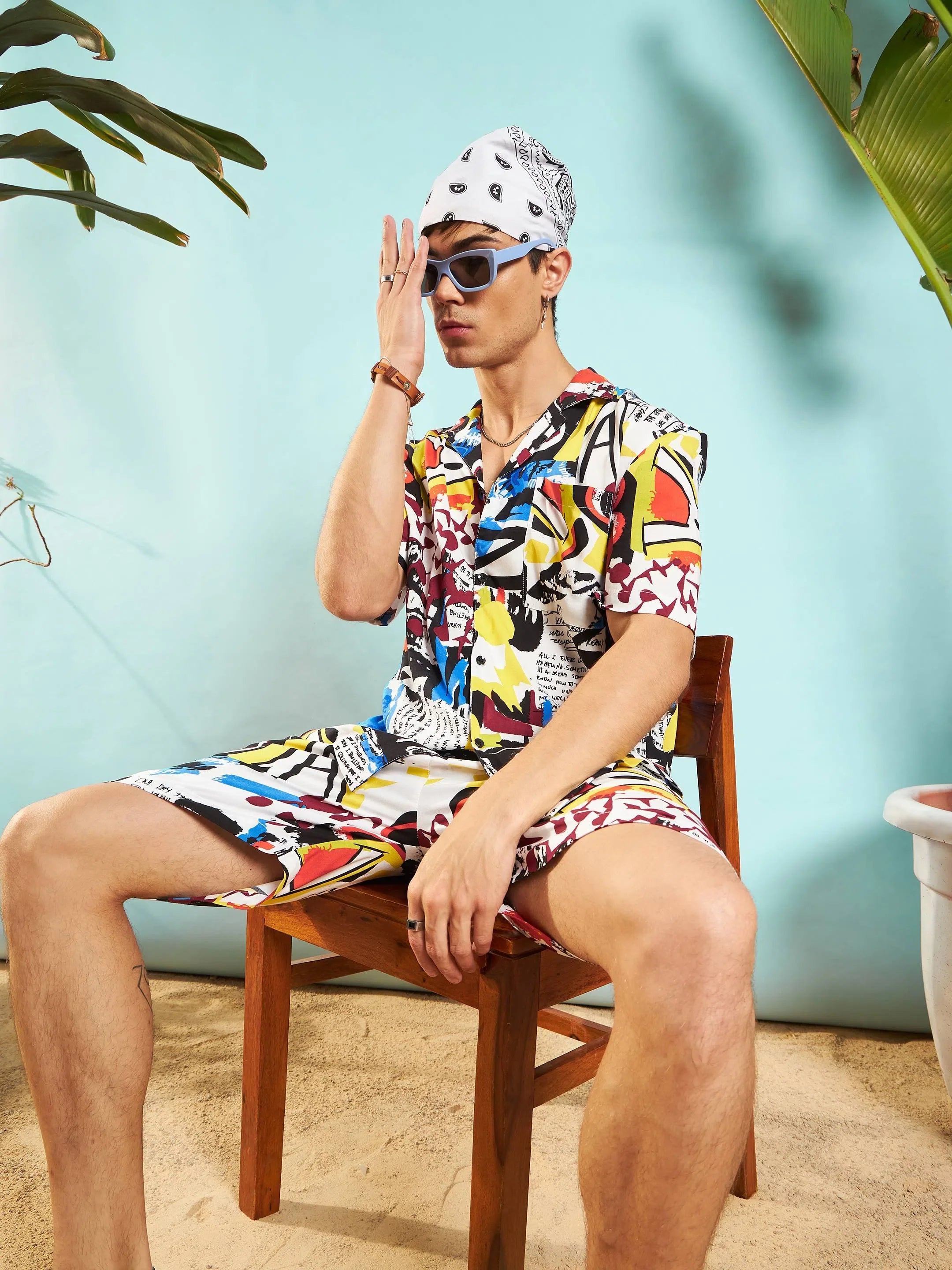 White Abstract Printed Co Ord Sets for Men - Shirt & Shorts