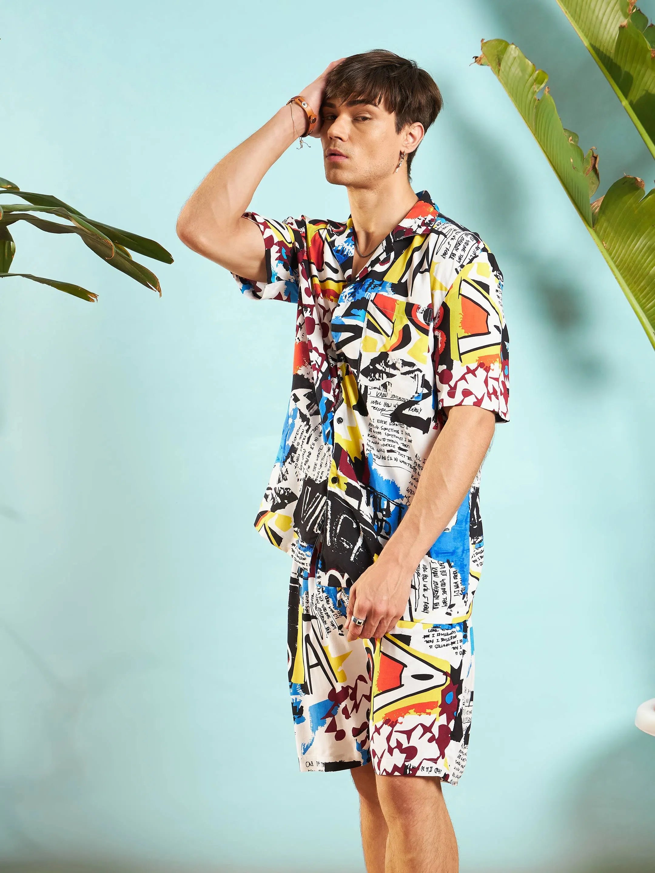 White Abstract Printed Co Ord Sets for Men - Shirt & Shorts
