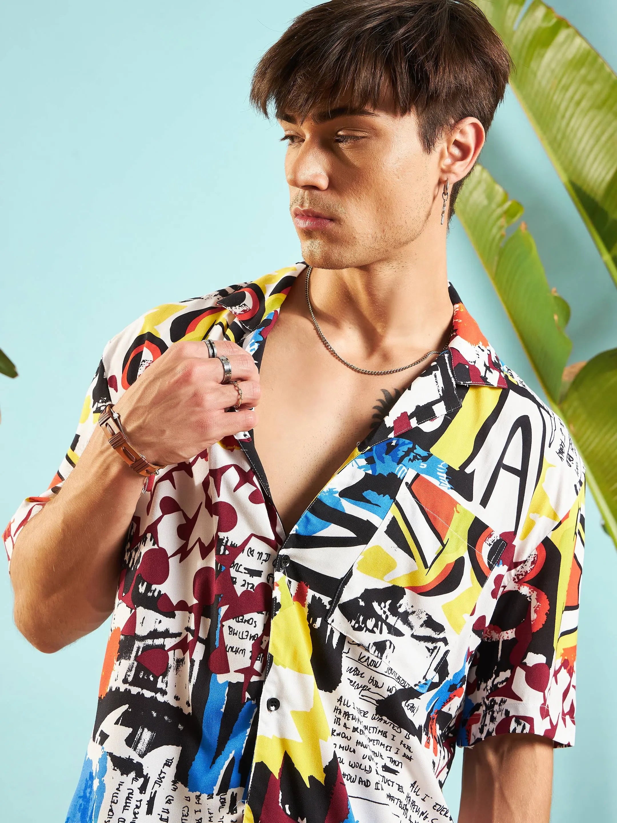 White Abstract Printed Co Ord Sets for Men - Shirt & Shorts