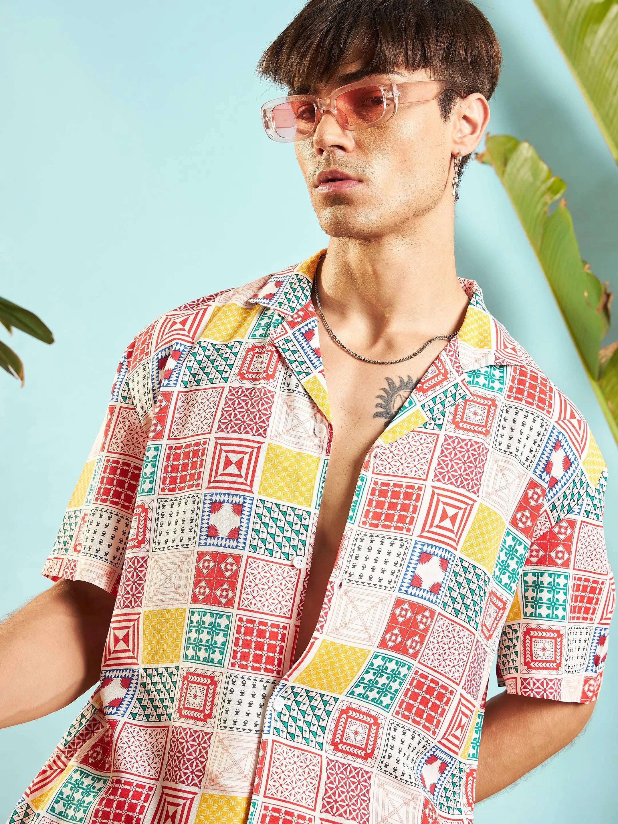 Mens Two Piece Sets: White & Red Conversational Shirt & Shorts